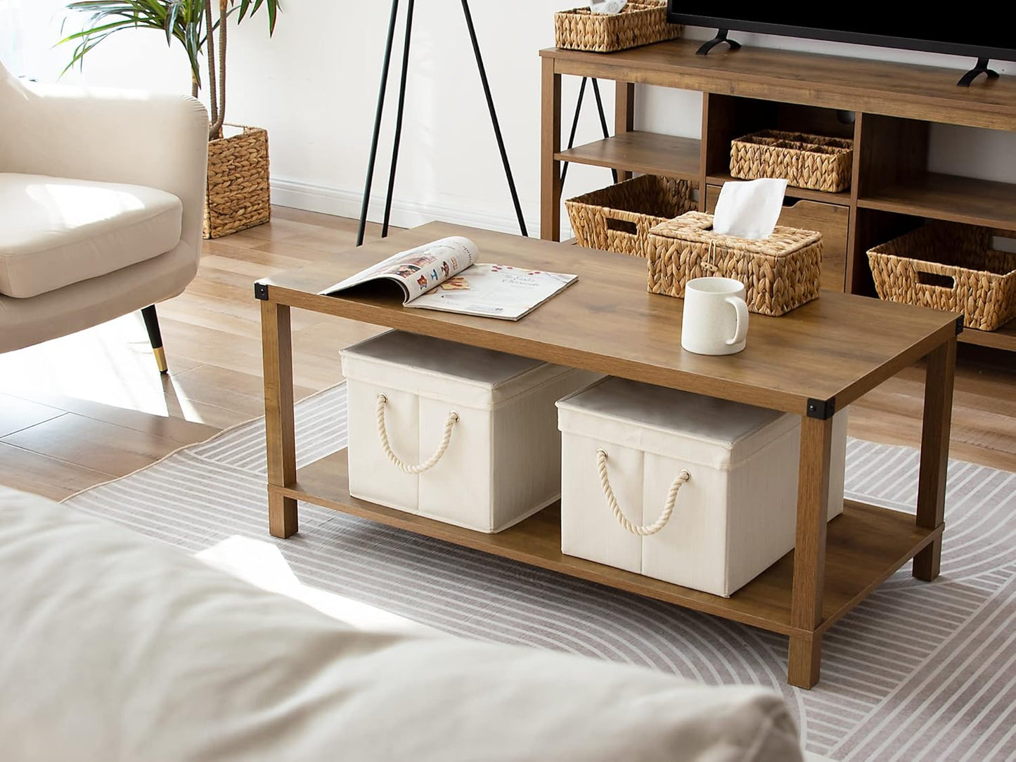 StorageWorks Storage Bins with Lids, Decorative Storage Boxes with Lid and Soft Rope Handles, Foldable Storage Baskets for Closet, Shelves, Stackable, Mixing of Beige, White & Ivory, Jumbo, 3-Pack