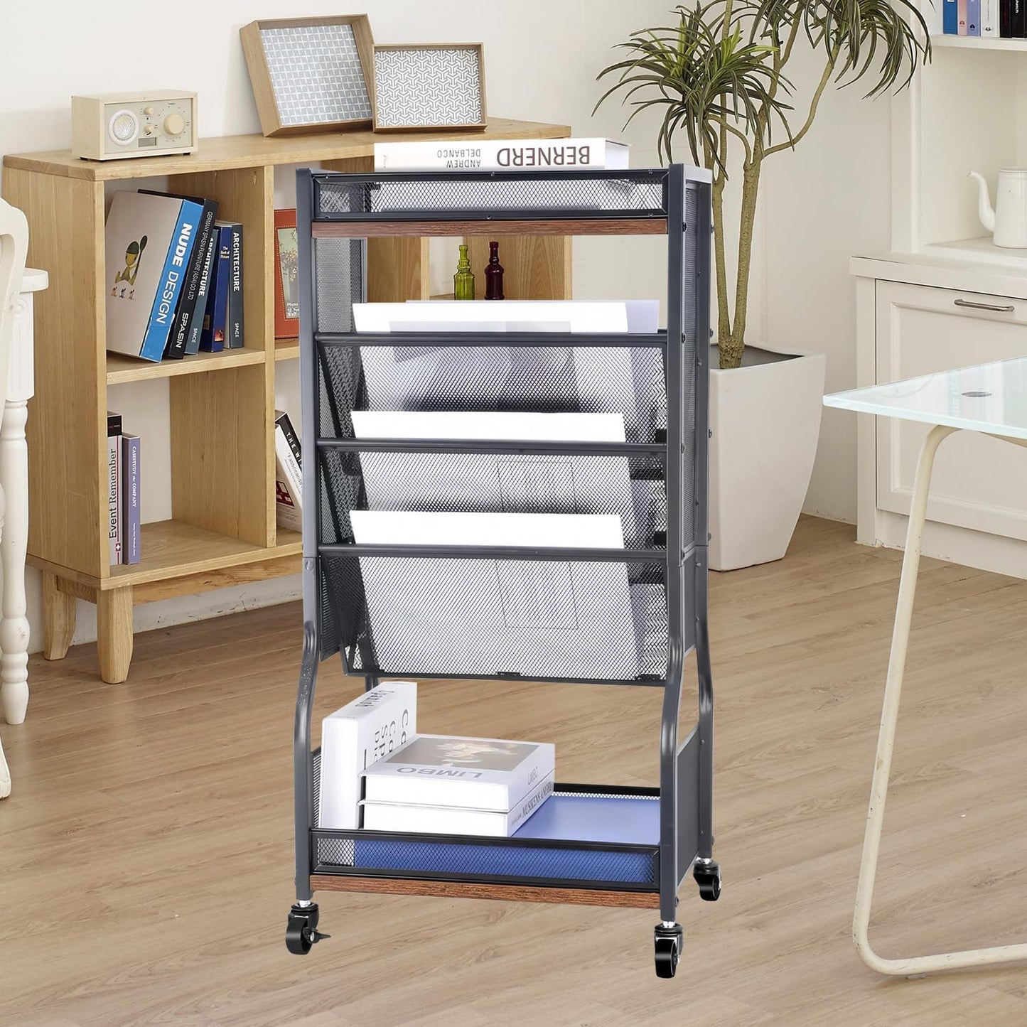 8-Tier Rolling File Cart with Lockable Wheels, Dual-Sided Bookshelf and Storage Racks, Easy to Assemble Space-Saving Utility Organizer for Home, Office, Classroom, School, or Living Room