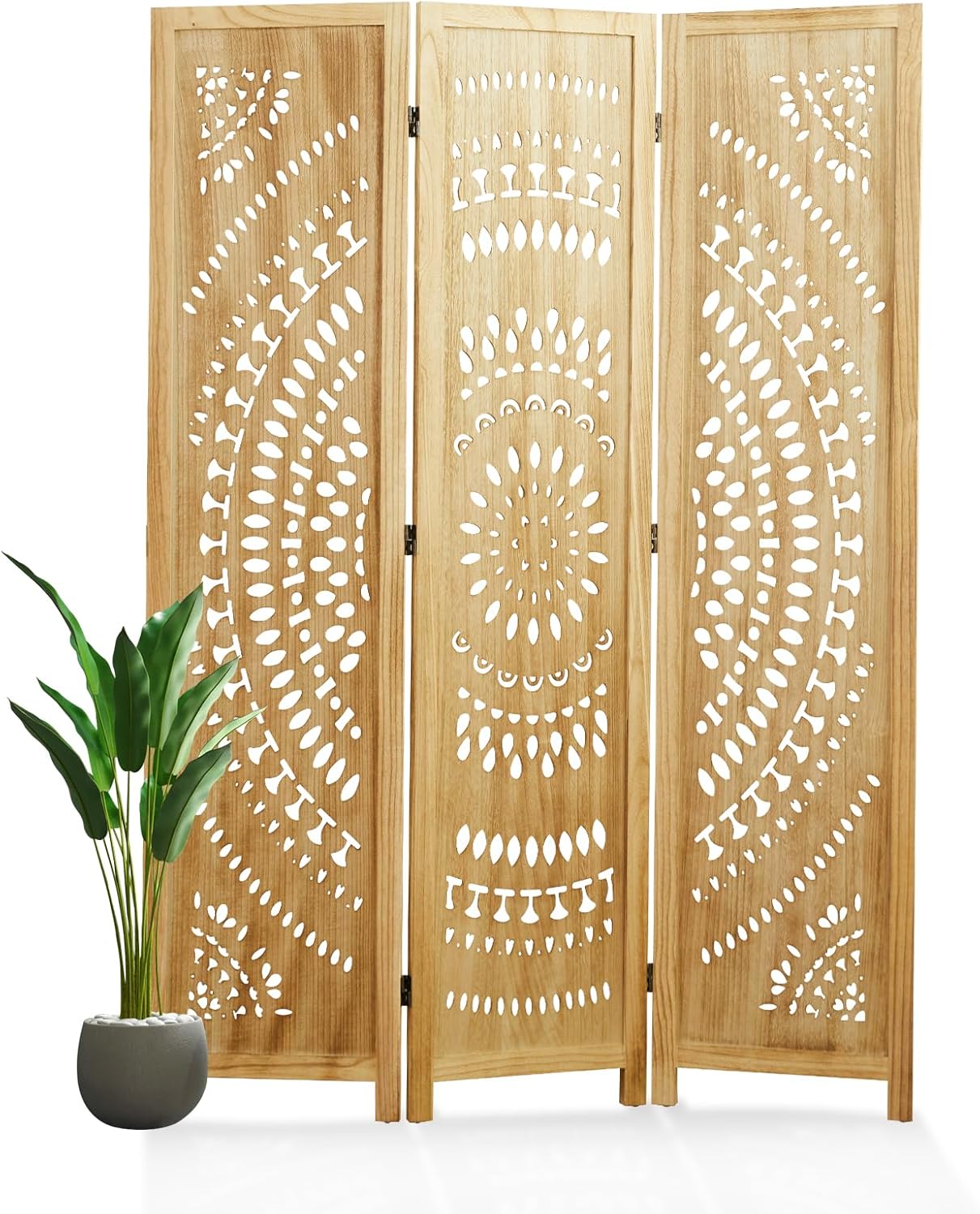66.9Inch Folding Room Divider, 3 Panels Wood Carved Privacy Screens, Free Assembled Freestanding Partition for Home Office Restaurant Bedroom (Natural)