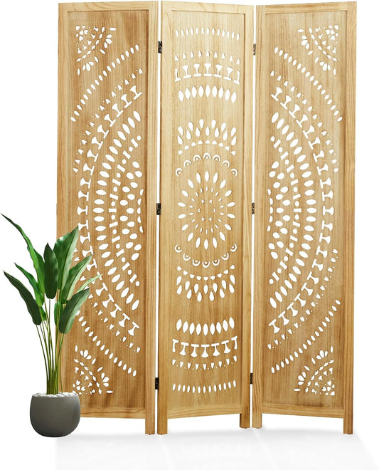 66.9Inch Folding Room Divider, 3 Panels Wood Carved Privacy Screens, Free Assembled Freestanding Partition for Home Office Restaurant Bedroom (Natural)