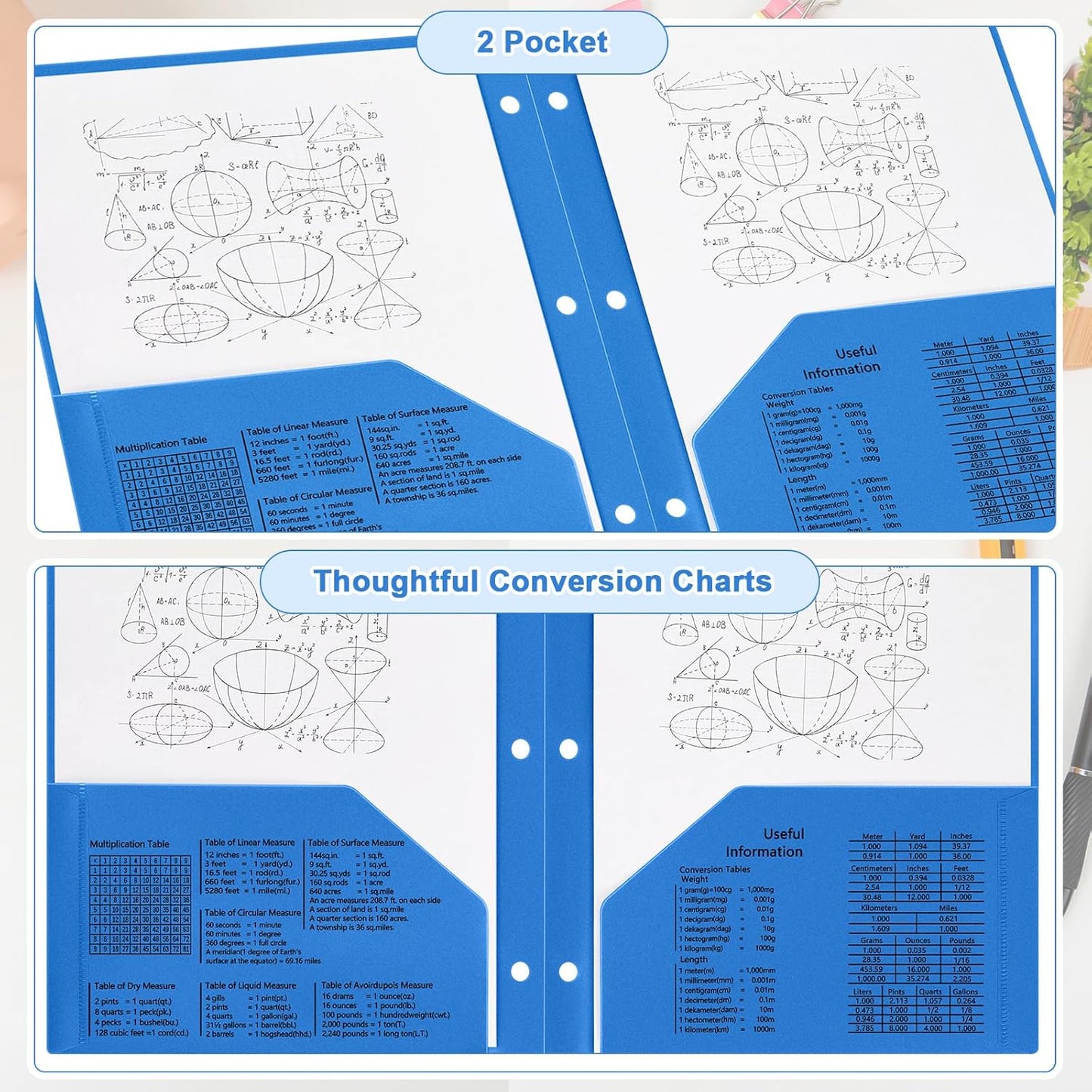 Yeaqee 24 Pcs Plastic Folders with Pockets Bulk 3 Hole Punched 2 Pocket File Folders for 3 Ring Binder Divider Folder for Notebooks, Durable Poly for Office Home (Blue)