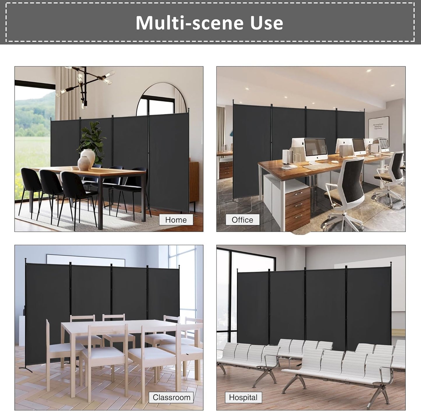Spurgehom 4 Panel Room Divider Folding Privacy Screen, Freestanding Fabric Partition Portable Room Partition Wall Dividers for Home Office Room Restaurant, 136" W X 72" H (Black)