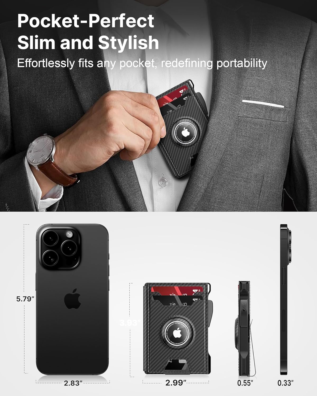 typecase AirTag Wallet for Men: Pop Up Card Case, Secure Holder for Apple Air Tag, Premium Leather, Smart, RFID Blocking, Slim, Minimalist, 13 Cards Capacitiy | ID Window | Money Clip (Carbon Fiber)