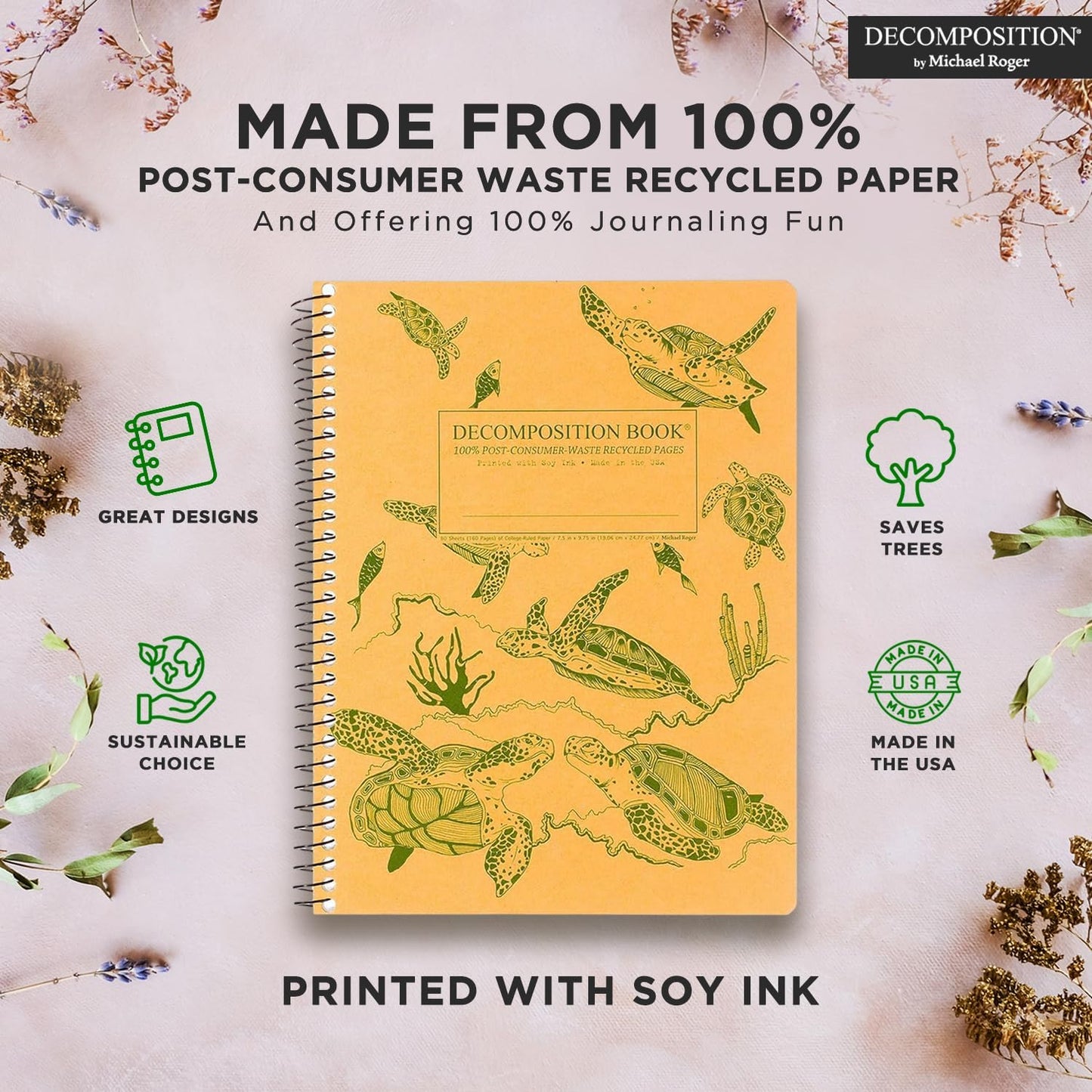 Decomposition Sea Turtles College Ruled Spiral Notebook - 9.75 x 7.5 Journal with 160 Lined Pages - 100% Recycled Paper - Cute Notebooks for School Supplies, Home & Office - Made in USA