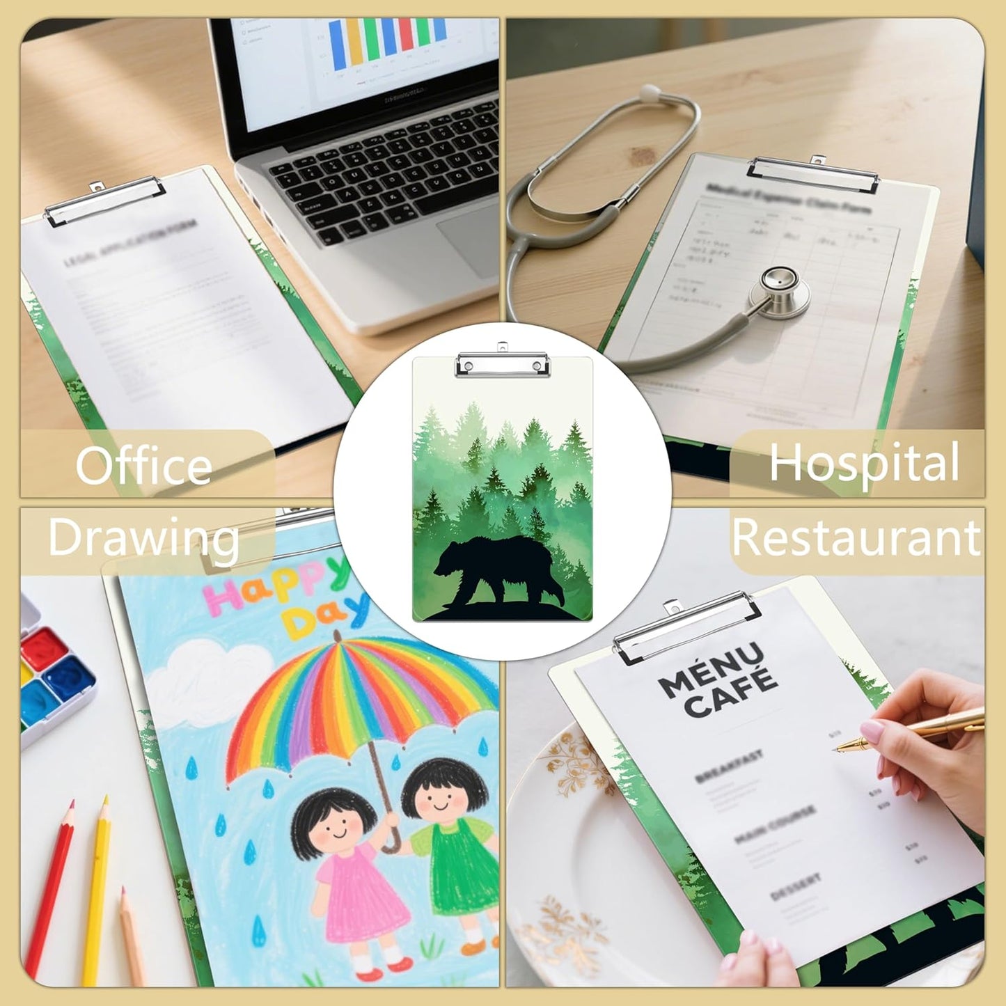 Forest Bear Silhouette Plastic Clipboards,Decorative Plastic Acrylic Clipboard for Teacher Social Worker Students Office Supplies 8 * 12