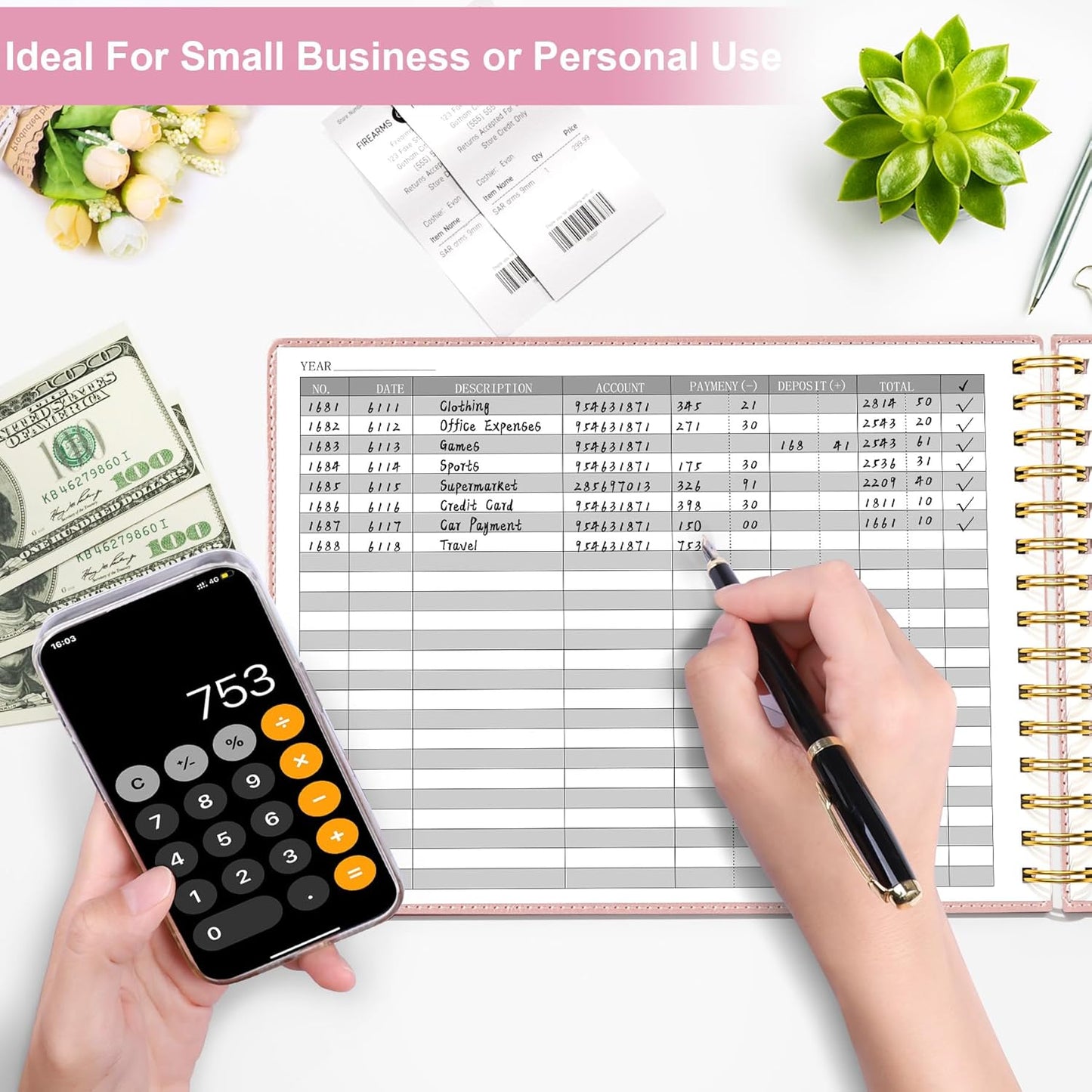 HAUTOCO Hardcover Accounting Ledger Book for Small Business Bookkeeping Horizontal Money Expense Tracker Notebook with 2 Storage Pouch, Personal Columnar Log Journal 10.78 x 8'', Rose Gold