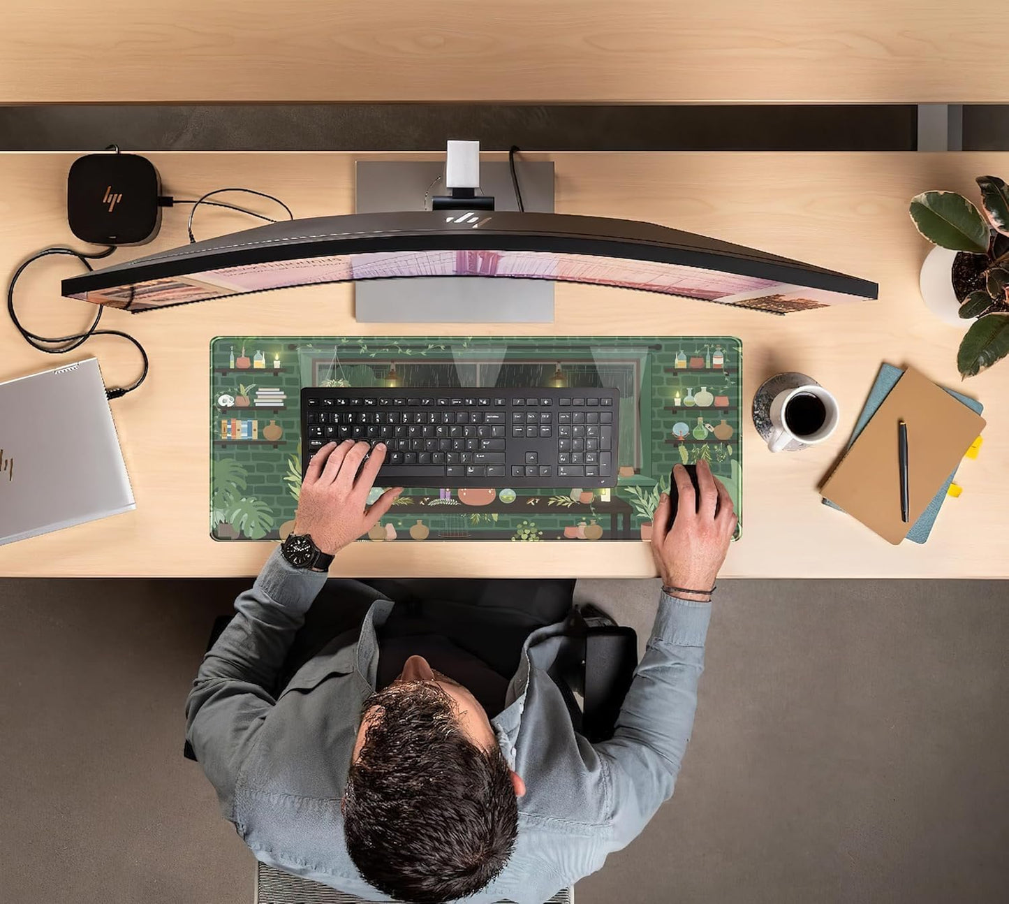 Kawaii Rainy Night Desk Mat Green Plants Gaming Mouse Pad XL, Aesthetic Anime Black Cat Desk Pad Laptop Computer Keyboard Mouse Mat, Desktop Decor Accessories for Girl Women Office 31.5"x11.8"