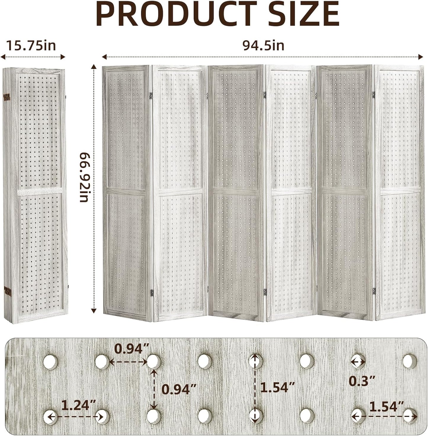 6 Panel Pegboard Display with 24 Hooks, Wooden Room Divider Wall and Folding Privacy Screens, Privacy Dividers for Rooms, Pegboard Room Divider, Jewelry Store, Retail Store, Bedroom, White