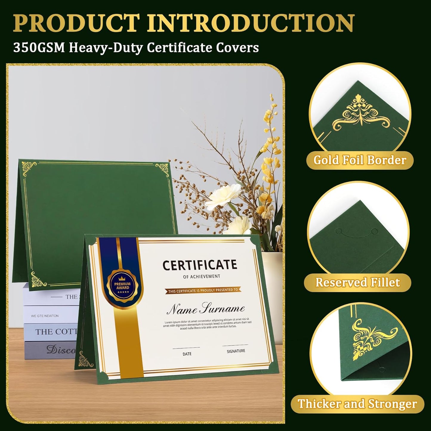 Ndsox 30 Packs Green Certificate Holders, Graduation Diploma Holders, 350GSM, Diploma Covers with Gold Foil Border for Letter Size 8.5" x 11" Award Certificate Paper, Cardstocks and Documents