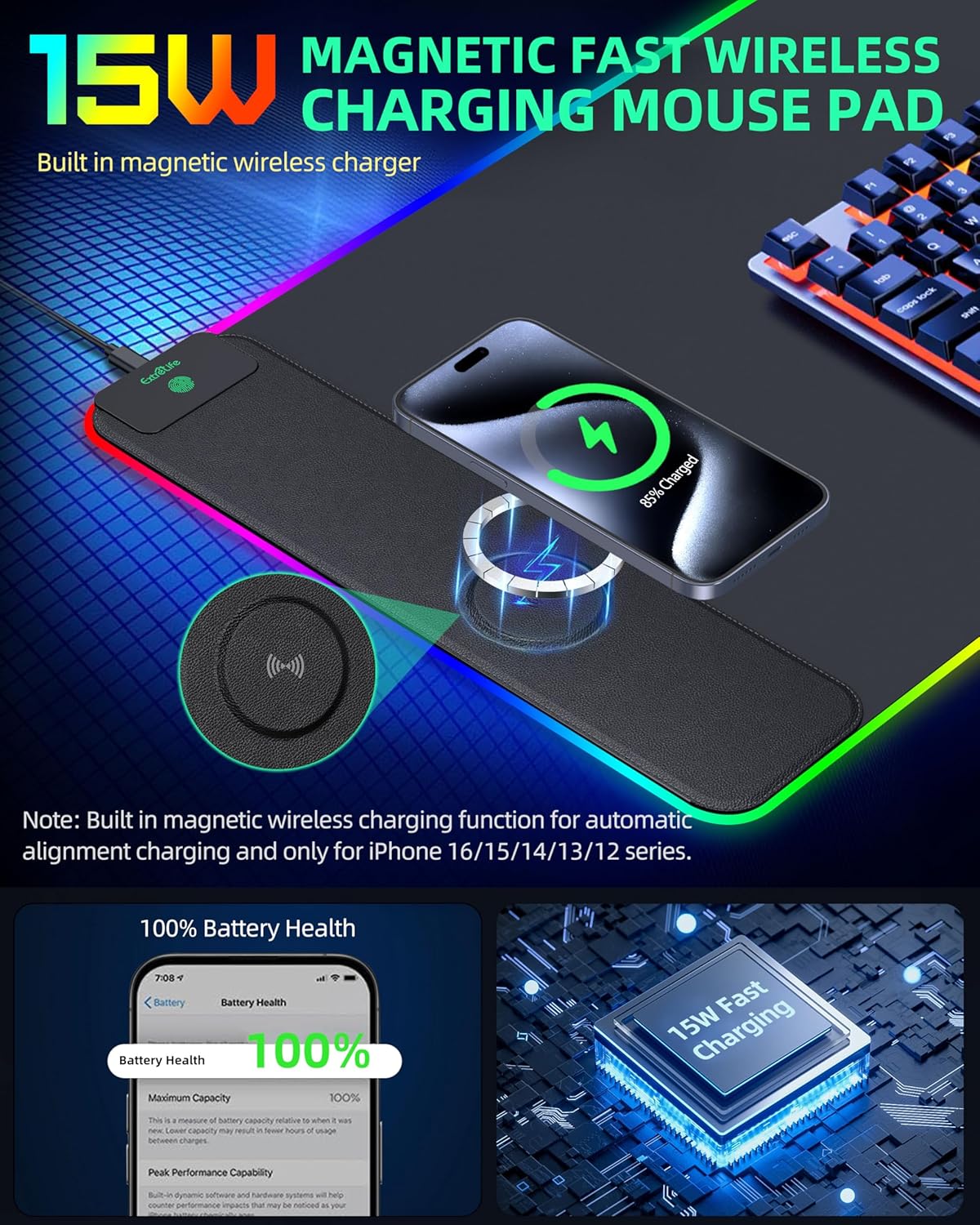 Mouse Pad with Wireless Charging, RGB Gaming Desk Mat, Large XXL Desk Pad, 15 Lighting Modes, Ultra-Smooth Surface, Non-Slip Mouse Mat, Waterproof Computer Keyboard Pad for Gamer, 800x400x4MM, Black