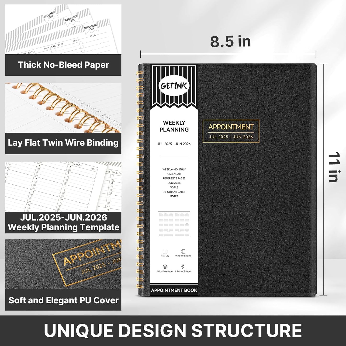 GETINK Appointment Book 2025-2026 Weekly Daily Hourly Planner 8.5"x11" Spiral Bound, Jul. 2025 - Jun. 2026, Laredule Appointment Planner 2025 with 15-Minute Increments, Flexible Cover, Black
