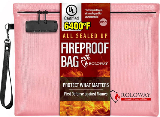 ROLOWAY Fireproof Document Bag (14.5 x 11.5 inch), 6400℉ Fireproof Money Bag with Zipper for Cash, Fire Safe Money Pouch with Lock (Pink)