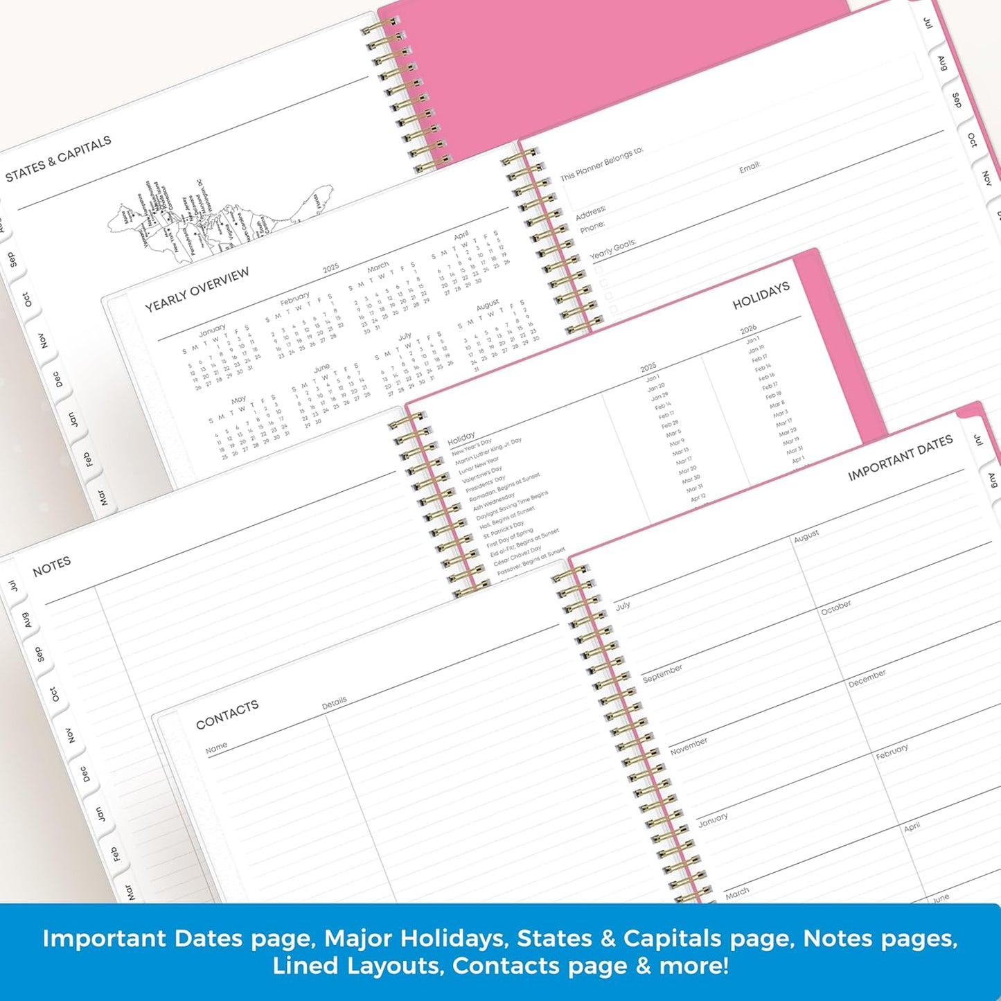 Blue Sky 2025-2026 Weekly and Monthly Academic Year Planner Calendar, July 2025 - June 2026, 8.5" x 11", Flexible Cover, Wirebound, Storage Pocket, Laminated Tabs, Roosevelt Pink
