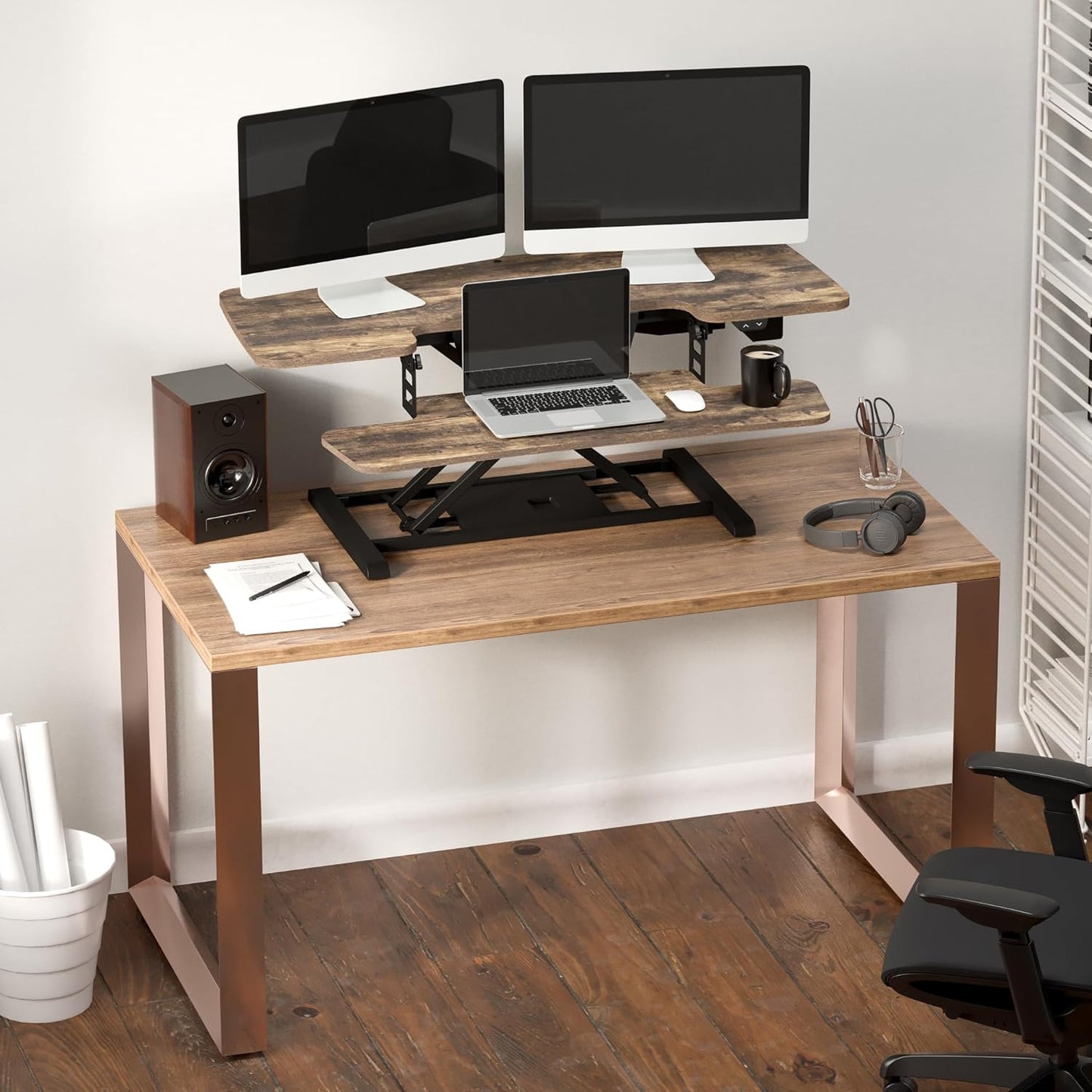 FLEXISPOT 42" Electric Standing Desk Converter Height Adjustable Desk Strong Weight Capacity Motorized Stand up Desk Riser for Office Home, Rustic Color