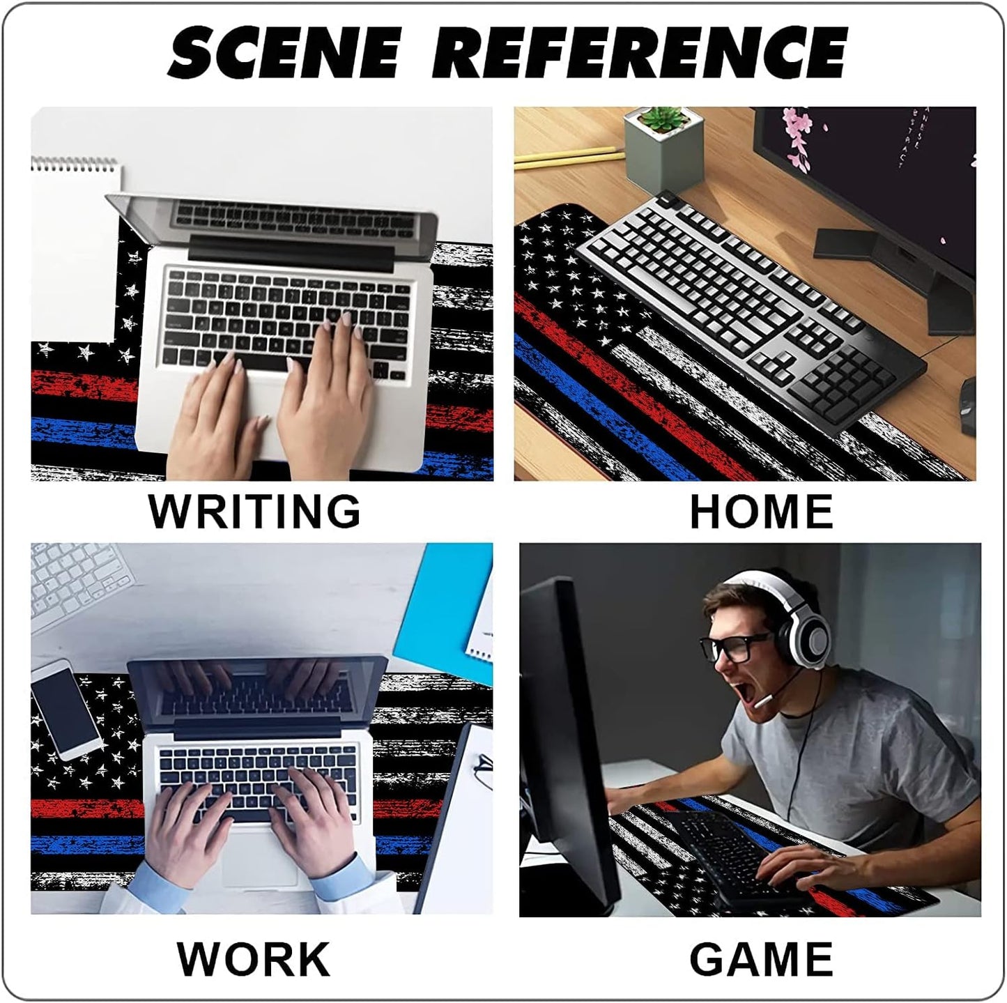 Extended Large Gaming Mouse Pad Red Blue American Flag XXL Size Keyboard Mouse Mat Desk Pad with Non Slip Rubber Base Stitched Edges Office Decor for Women Girls Men,35.4 x 15.7inch