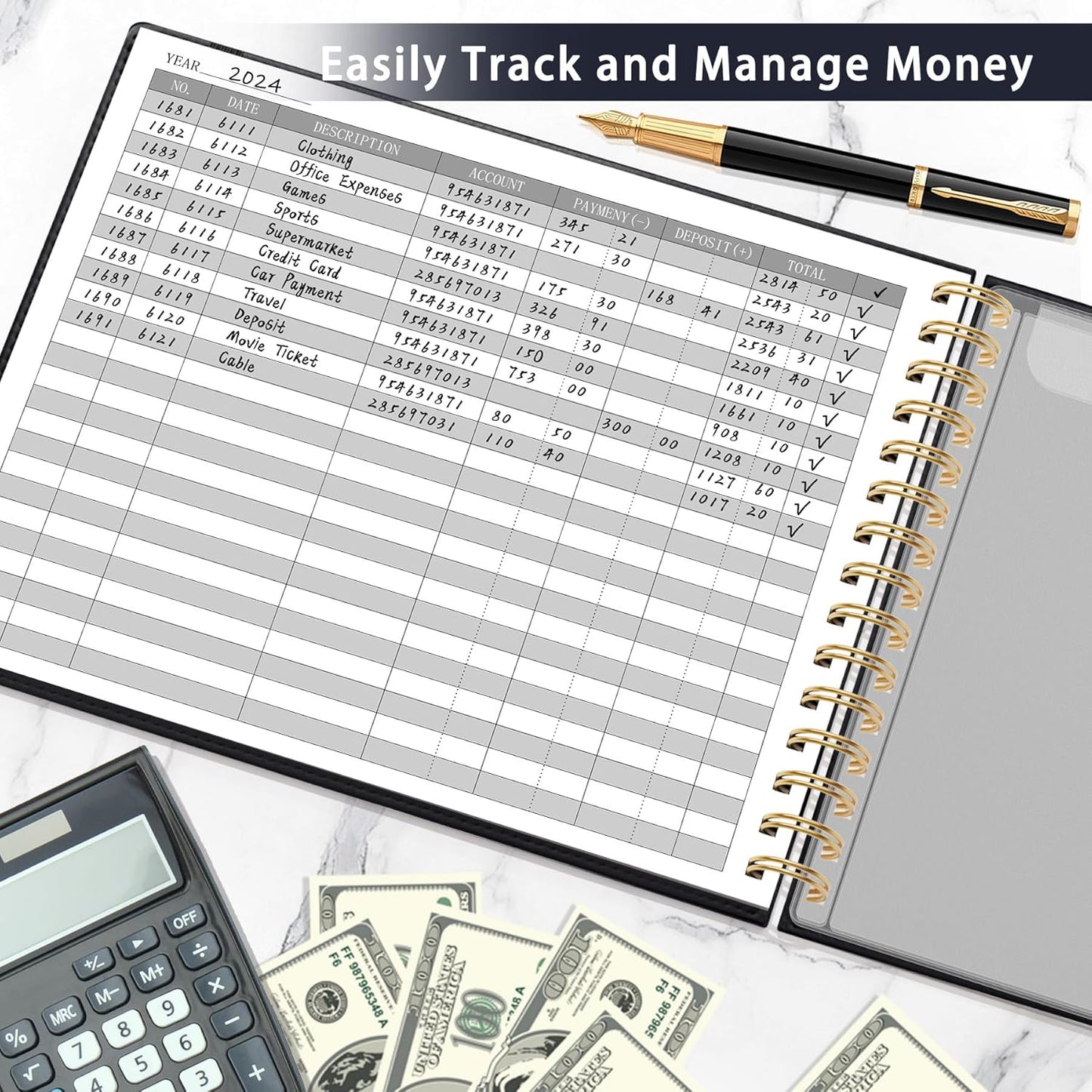 HAUTOCO Hardcover Accounting Ledger Book for Small Business Bookkeeping Horizontal Money Expense Tracker Notebook with 2 Storage Pouch, Personal Columnar Log Journal 10.78 x 8'', Black