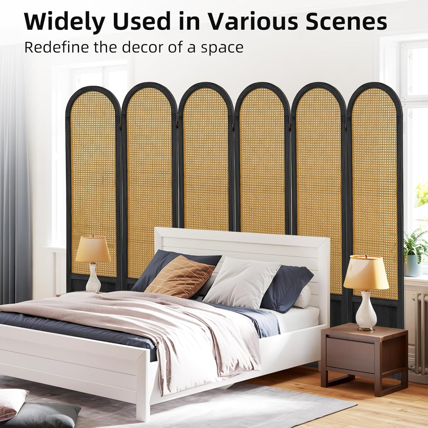 6 Panel Room Divider and Folding Privacy Screen, 5.6 Ft Foldable Double Hinged Rattan Partition, Hand-Woven Rattan Room Divider Portable Wood Freestanding Wall Divider for Room Separation - Black