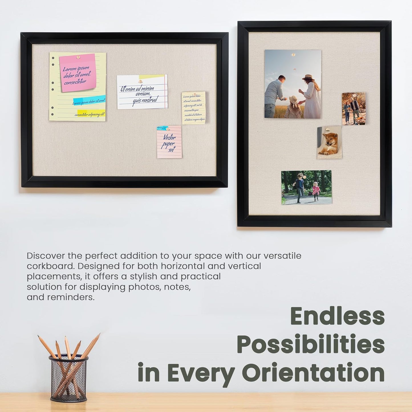 Bulletin Board Cork Board with Linen, 100% Wood Framed 18" x 24" Bulletin Board Decorations, Pin Boards for Walls, Wall Mounted Fabric Picture Board with 10 Pushpins for School, Home & Office, Black