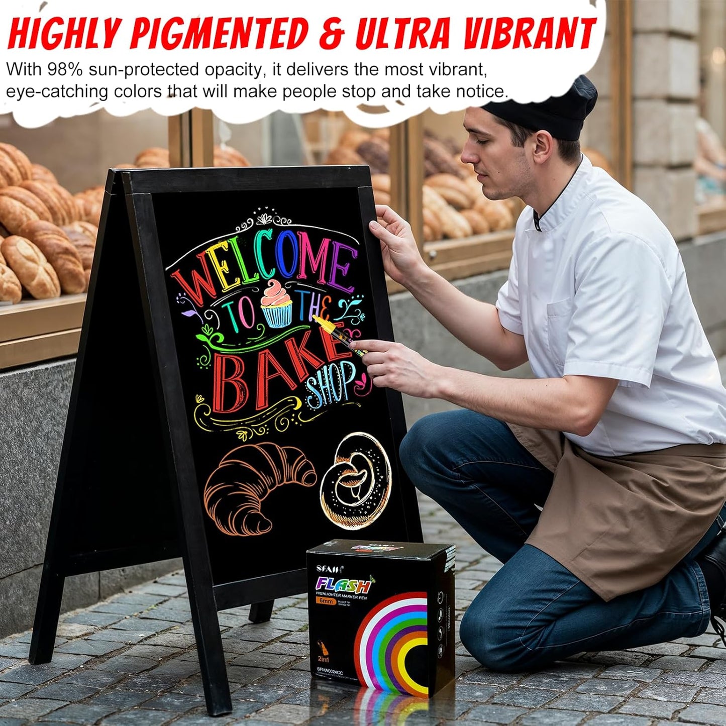 SFAIH 24 Vibrant Chalk Markers for Blackboard [1s Wet Wipe] - No Residue, 6mm Chalk Markers for Chalkboard Calendar, Glass, Window, Menus, Labels, Signs, Car, Non-Toxic, Ideal for Bistro Home School