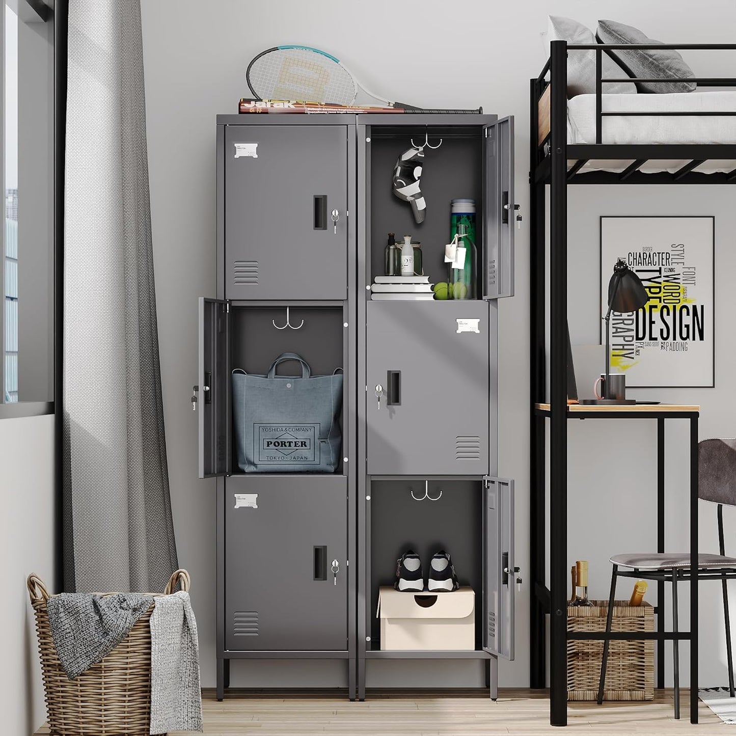 Metal Locker with Hooks and Ventilation Holes,Metal Storage Locker with Keys and Business Card Slof for Home,Gym,Garage,School,Office,66" H×15.75" W× 15.75" D,Assembly Required,Dark Grey