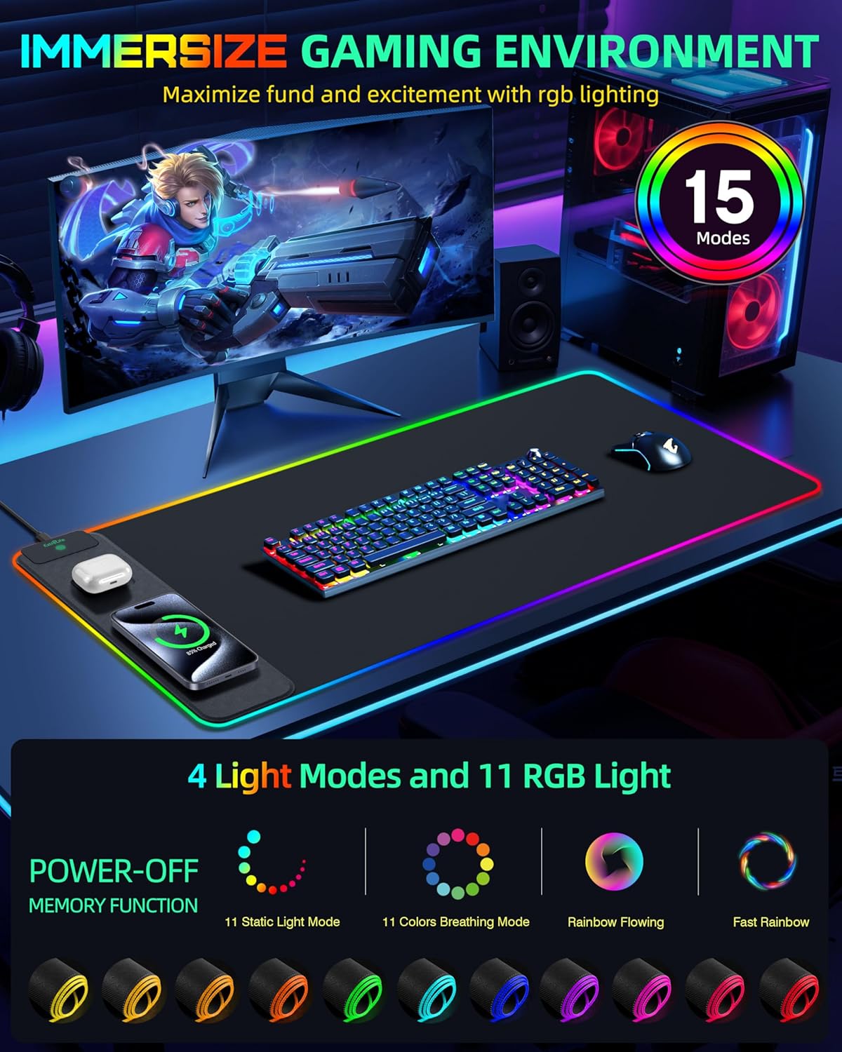 Upgraded Mouse Pad with Wireless Charging, RGB Gaming Desk Mat, 31.5"x15.7" Large XXL Desk Pad, 15 Light Modes, Ultra-Smooth Surface, Non-Slip Mouse Mat, Waterproof Computer Keyboard Pad, Black