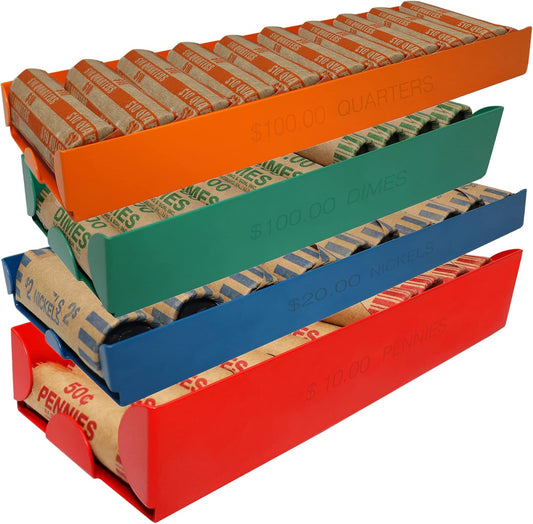 Nadex 4 Pack Assorted Aluminium Coin Trays - Stackable Single Compartment Coin Sorting and Storage Trays - Holds 20 Penny Rolls, 10 Nickel Rolls, 20 Dime Rolls, 10 Quarter Rolls