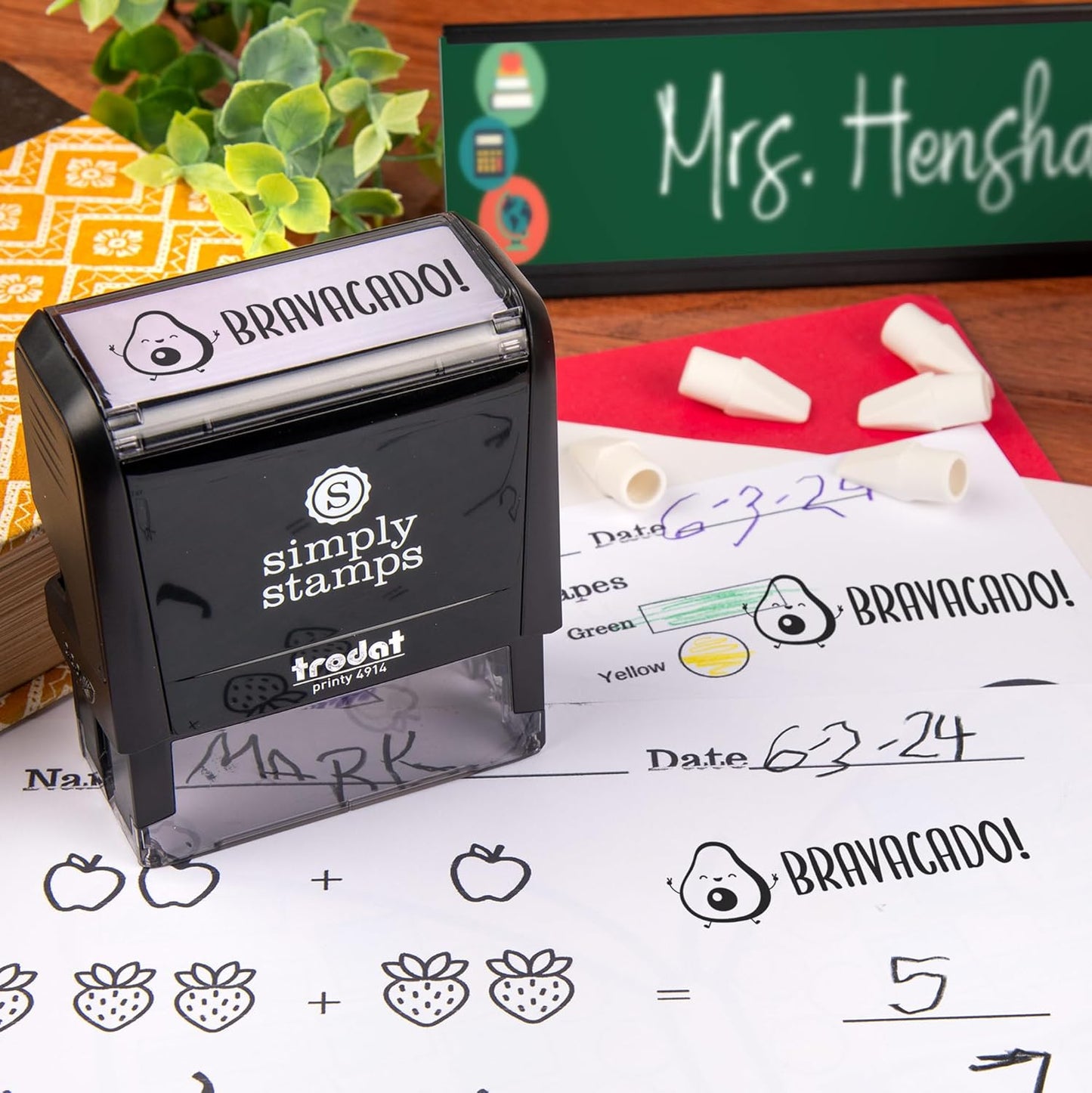 Bravacado Xtra Wide Self-Inking Stamps | 49 Designs | Classroom Phrases | Grading Made Easy