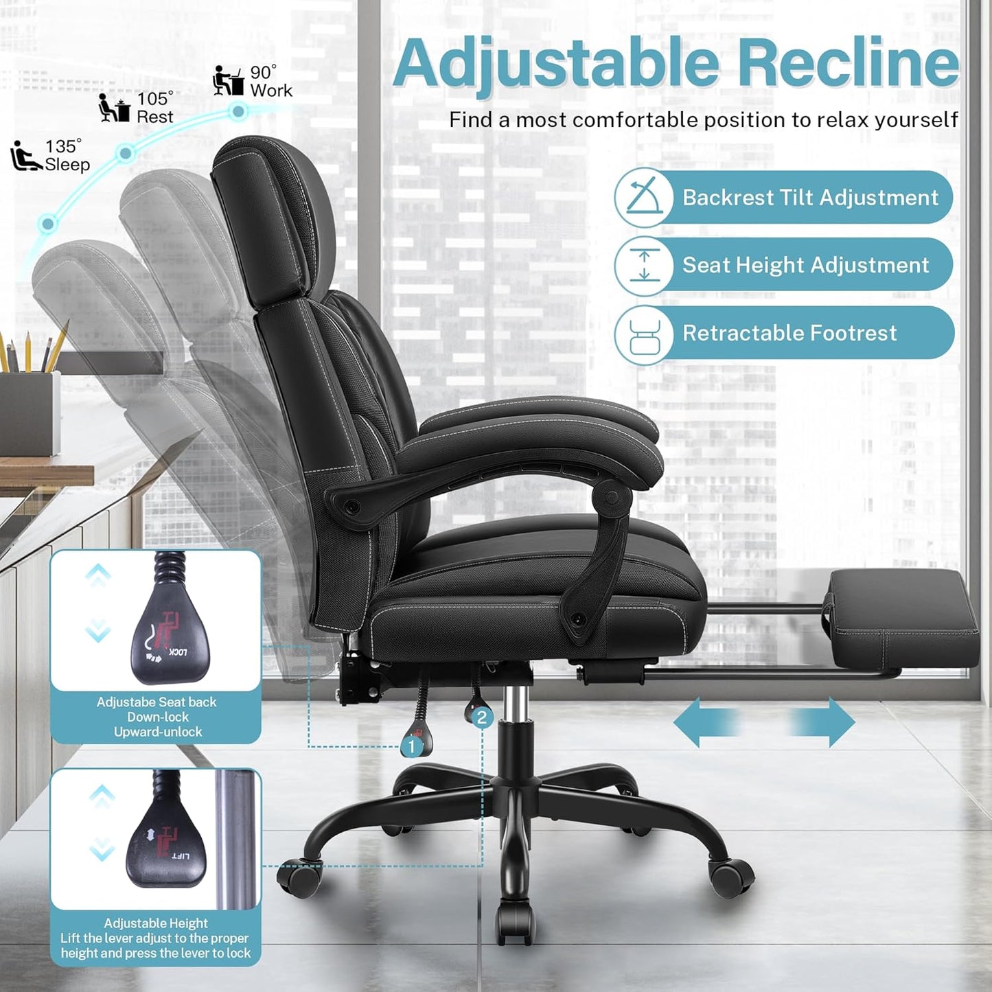 Executive Leather Office Chair, Big and Tall Office Chair with Footrest Home Office Desk Chairs, Ergonomic Computer Desk Chair with Lumbar Support, Reclining Desk Chair with Adjustable Angle