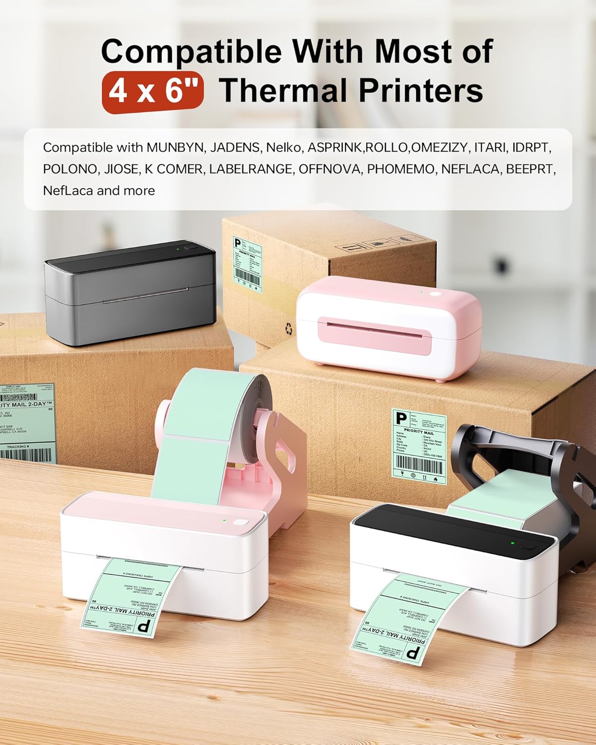 Phomemo 4x6 Thermal Labels for Shipping Label Printer - 500PCS Green Mailing Labels - 4x6 Direct Thermal Label Fanfold Compatible with Rollo,MUNBYN,Nelko,JADENS,POLONO - Water/Oilproof - NO BPA/BPS