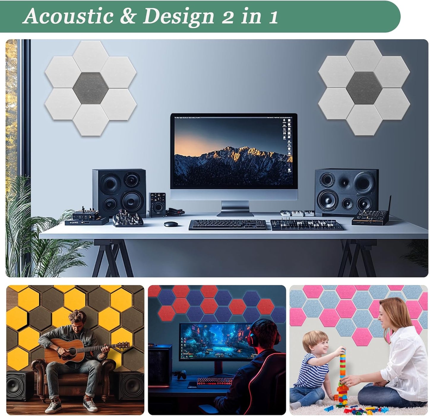 Hexagonal Acoustic Panels-12 Pack High-Density Sound Absorbing Panels 12"X10"X0.4" for Enhanced Noise Reduction, DIY Design, Idea for Studios, Offices, and Home Theaters(Viking Blue)