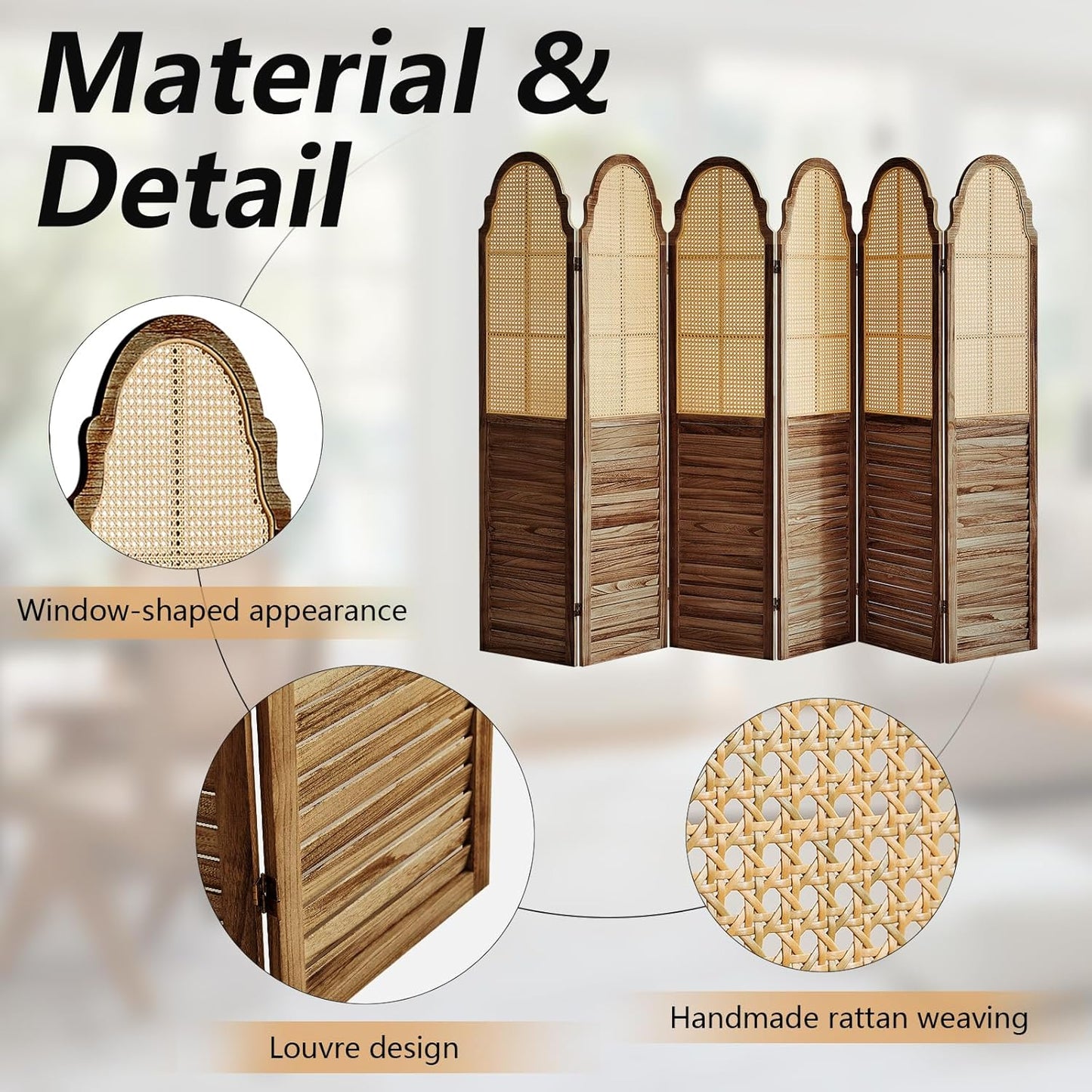 6 Panel Rattan Room Divider Panel, 5.6Ft Partitions and Dividers, Louvered Partition Divider, Room Dividers Screen, Solid Wood Frame, Folding Screen, Bedroom, Family Room, Dark Brown