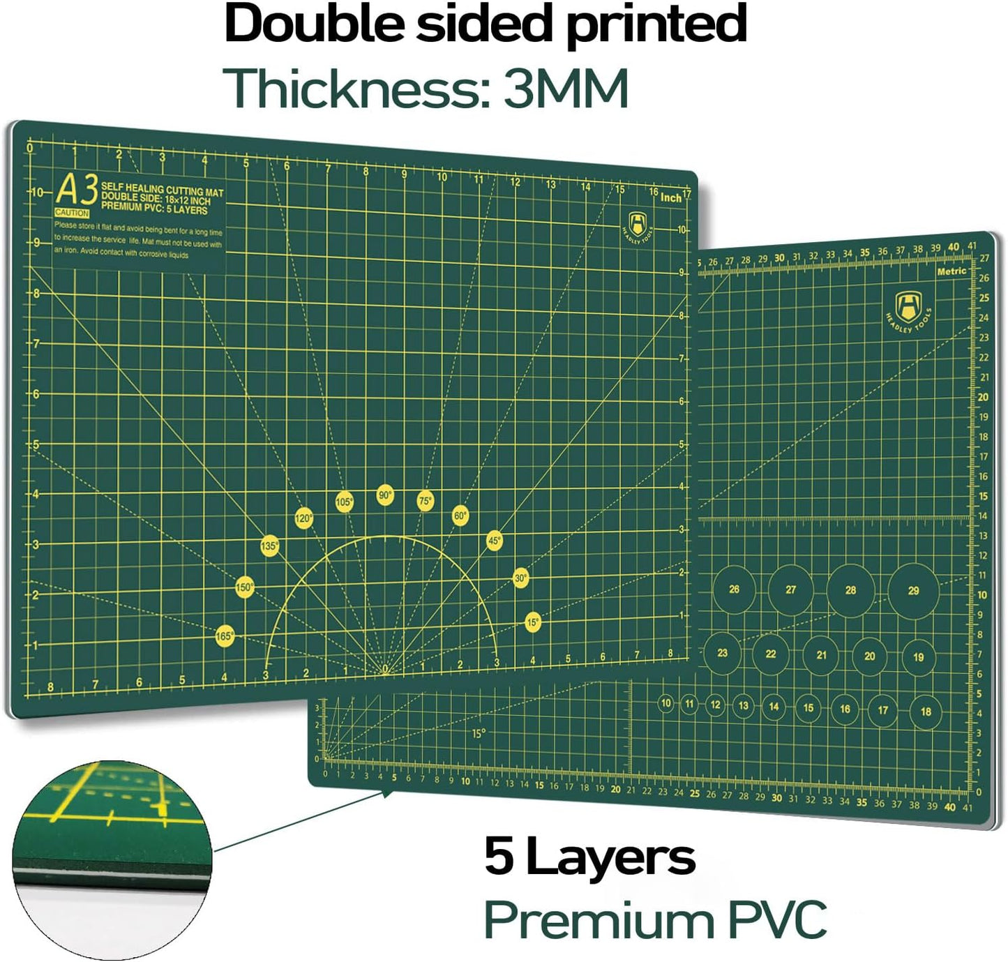 Headley Tools 18"x12" Thickened Self Healing Cutting Mat, A3 Rotary Cutting Sewing Mat for Crafts, Double Sided 5-Ply Table Cutting Board for Fabric Quilting Leather Arts Hobby Project, Green