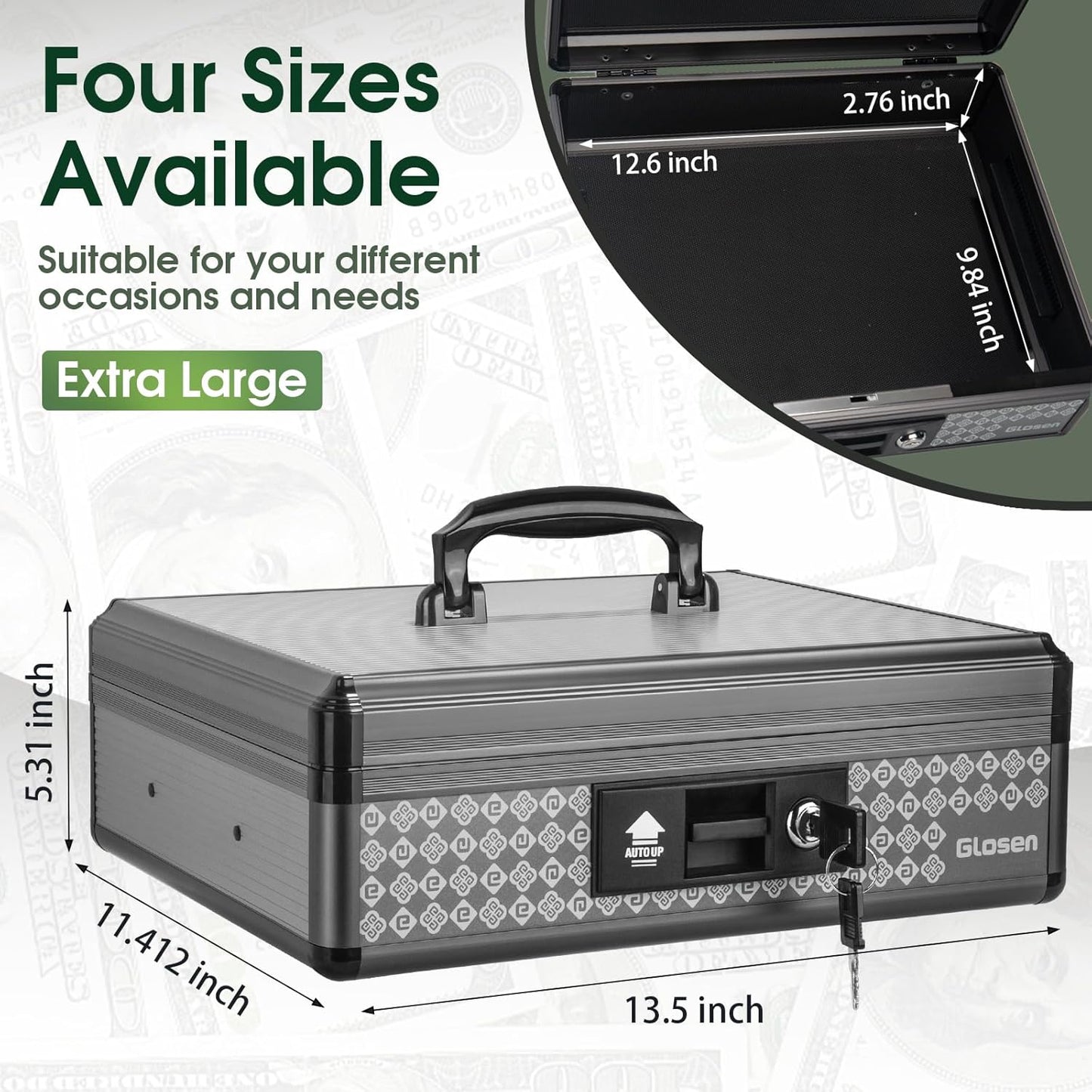 Cash Box with Lock, Money Box with Lock & Removable Coin Tray 11.4 * 5.3 * 13.5 inch (Black, Extra Large)