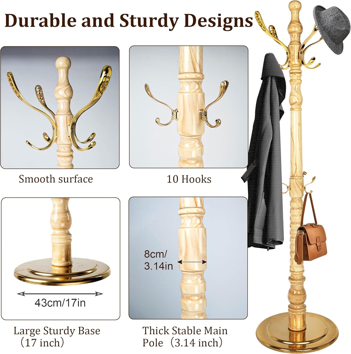 Vintage Free Standing Coat Rack with Disc Base, Solid Wood Coat Hanger Stand with 14 Metal Hooks and Adjustable Height, Standing Coat Rack Tree for Entryway, Bedroom, Hallway, Office, Apartment