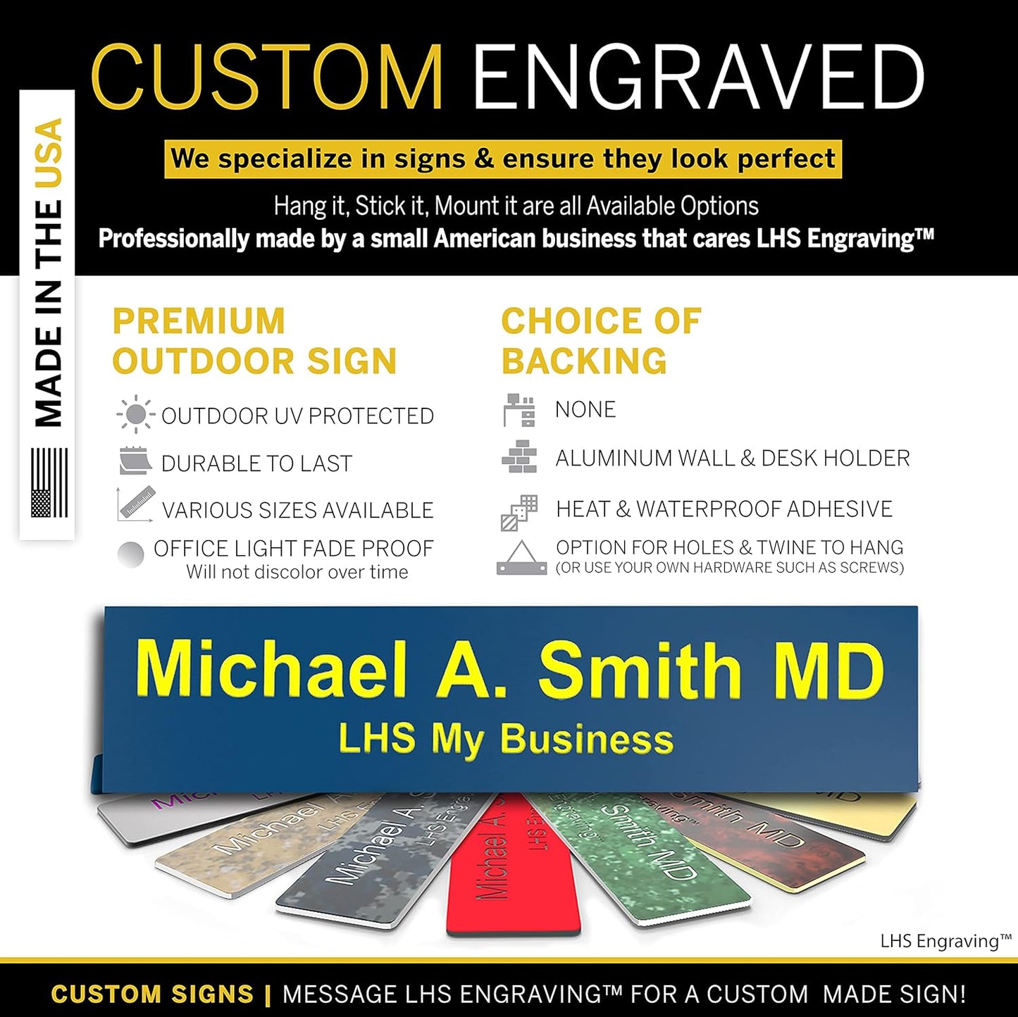 Engraved Door Signs for Office Personalized Blue Plastic Door Plaque with Yellow Letters - Made in USA 2x12 B20