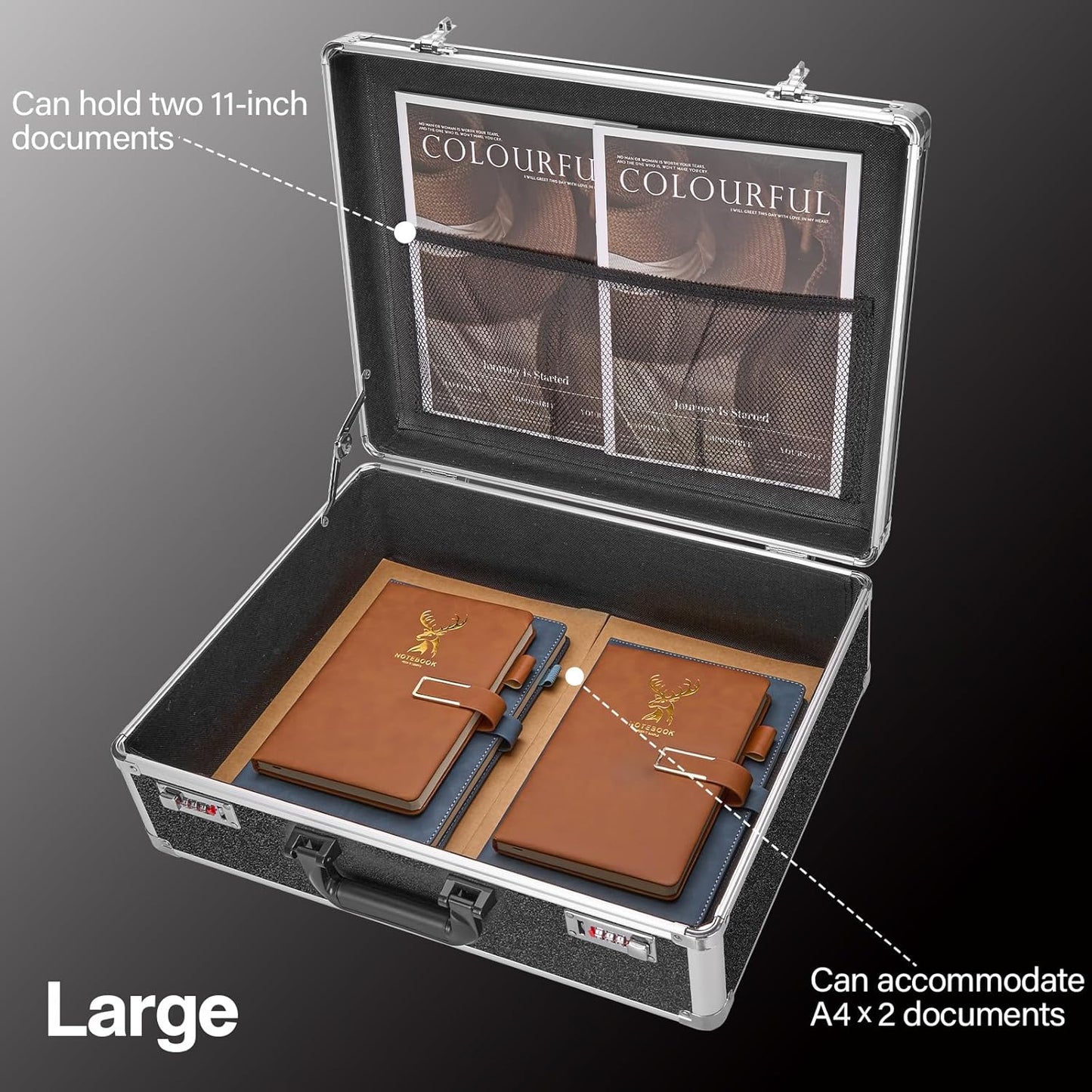 File Organizer Storage Box - 18.8 x 14.5 x 6.2 Inch X-Large, Portable Locking Storage Totes with Dual Combination Locks, Lock Boxes for Personal Items, Cash, Briefcase - Black