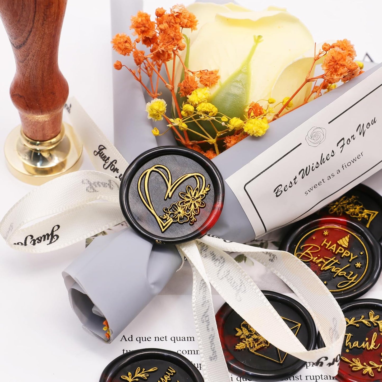 SWANGSA Blessing Wax Seal Stamp Gift Box Set, Vintage 6 Sealing Stamp Heads and 1 Wooden Hilt for Wedding, Party Invitations, Envelops, Christmas Cards and Gift (Phrases Kit)