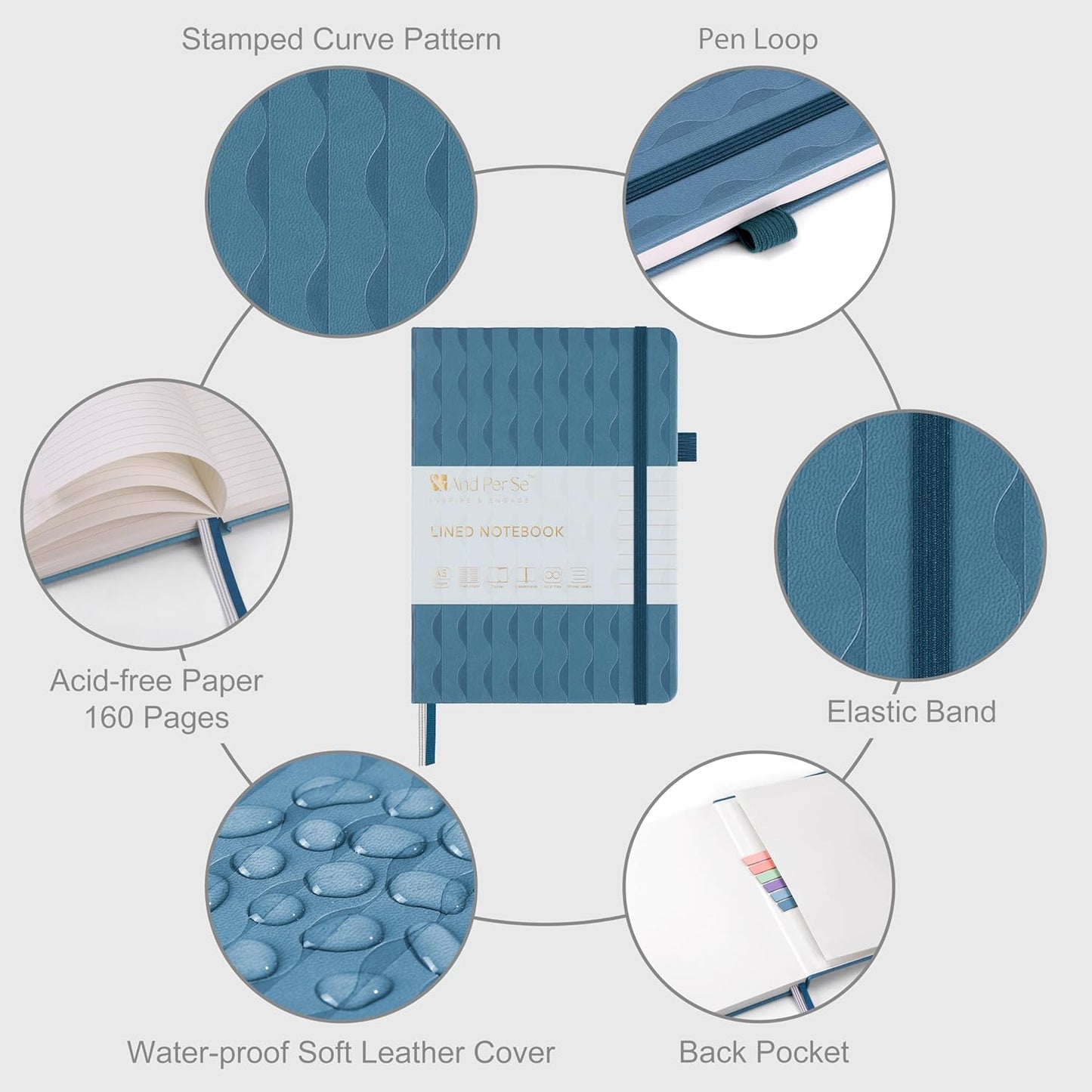 &And Per Se Lined Journal Notebook for Women&Men with Pattern, 160 Pages 100GSM Thick Paper, A5 Hardcover Journals for Writing(Blue)