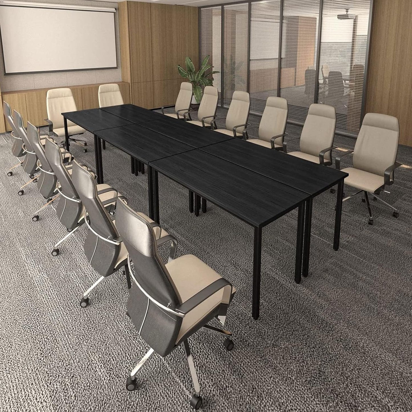 Bonzy Home Conference Tables 12ft Office Computer Desk for Meeting Room Study Writing Printer Table Save Space Design for 14 People Rustic Vintage Black 6PCS 141.6"x47.2"x29.5",Black