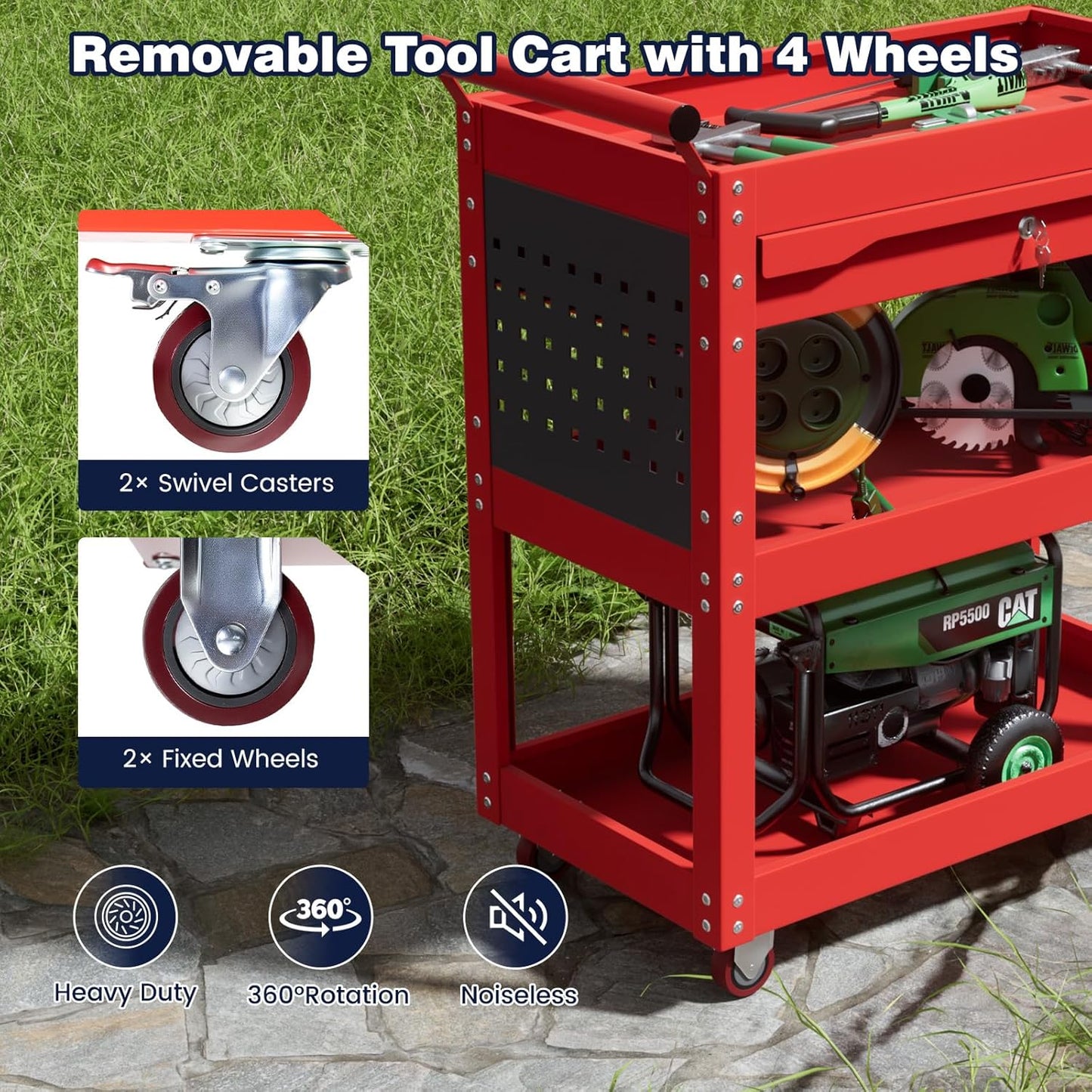 ALANNG 330 LBS Rolling Tool Cart with 1 Drawer & 3 Shelves | Heavy Duty Mechanic Cart Includes 7 Hooks, 2 Pegboards & Screw Organizer | Metal Service Cart for Garage Workshop (Red)