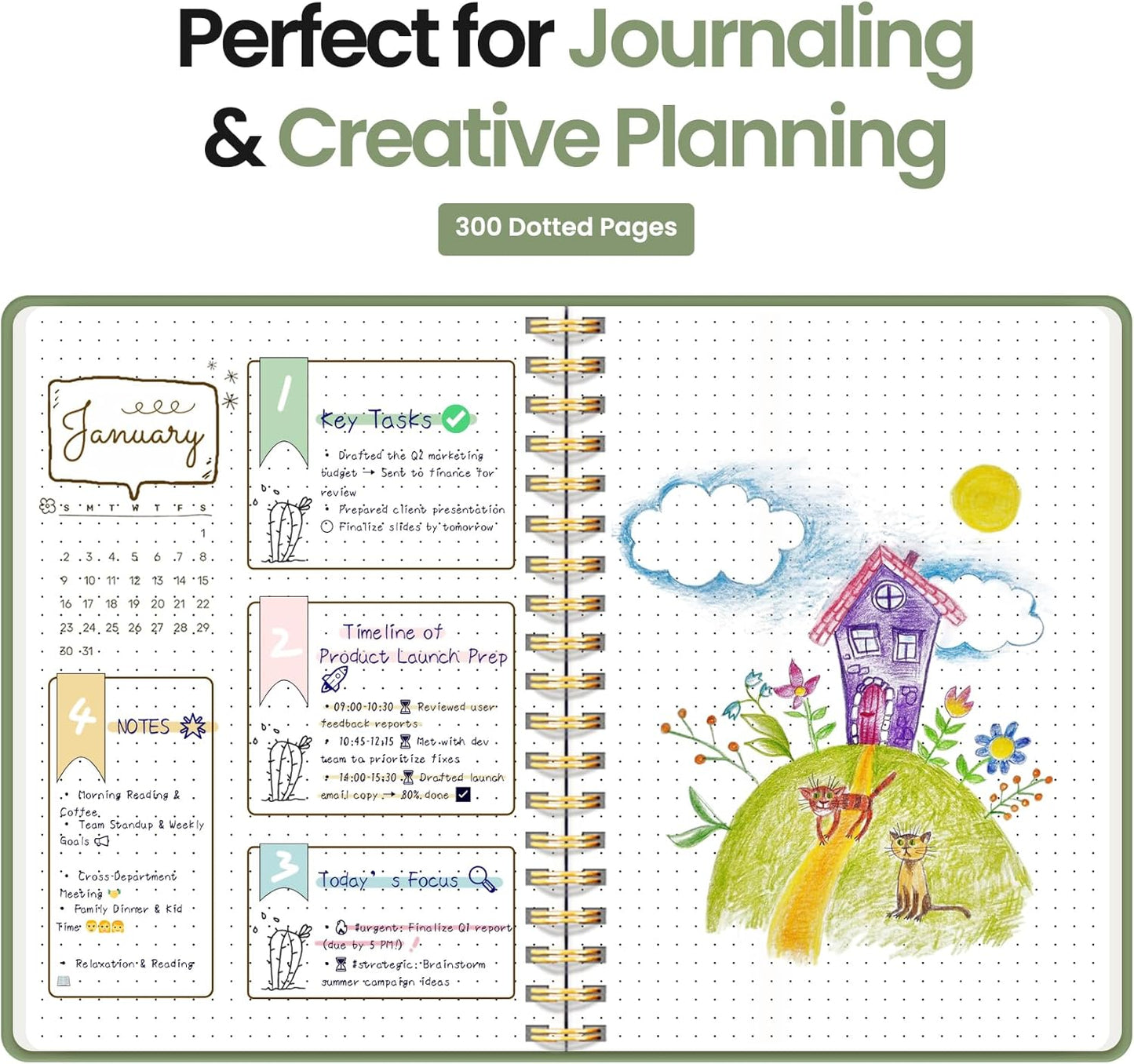 Spiral Dotted Notebook Journal for Work, 300 Pages, Thick B5 (7.1"x10") Bullet Dotted Journal for Women & Writing, Hardcover Notebook for Note Taking, Perfect for Work School Note Taking Business, Green