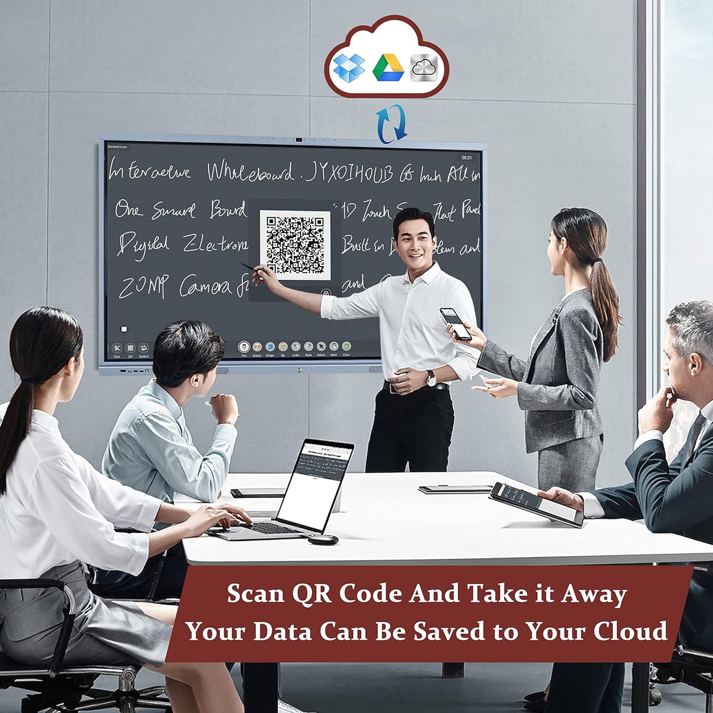 Smart Board Collaboration Hub, JYXOIHUB 65 Inch 4K Digital Electronic Whiteboard Built in Dual System and 20MP Camera for Classroom and Business, Interactive Whiteboard with Video Conference System