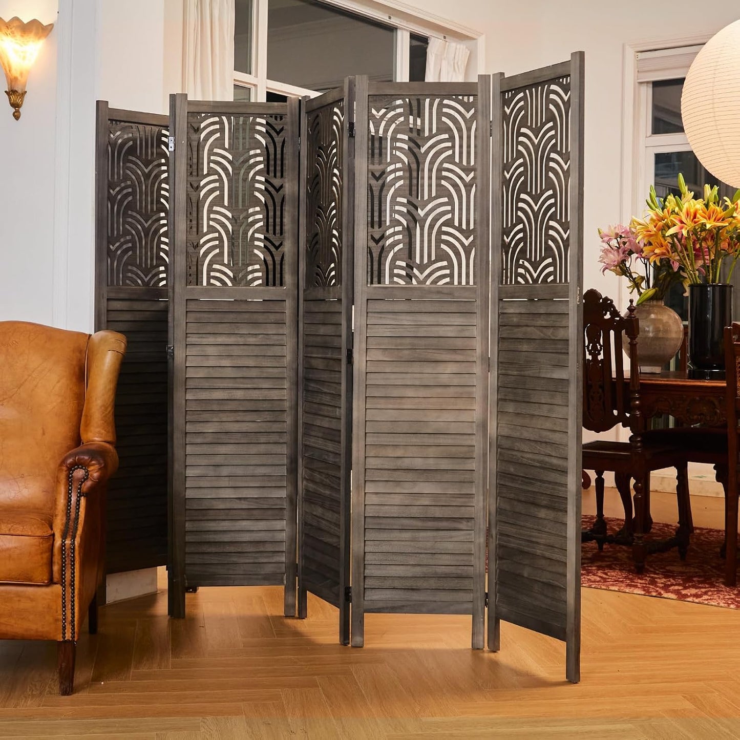 Folding Room Divider, 66.9 Inch 6 Panels Wood Carved Privacy Screens, Free Assembled Freestanding Portable Separation Wall for Home Office Restaurant Bedroom (Gray)