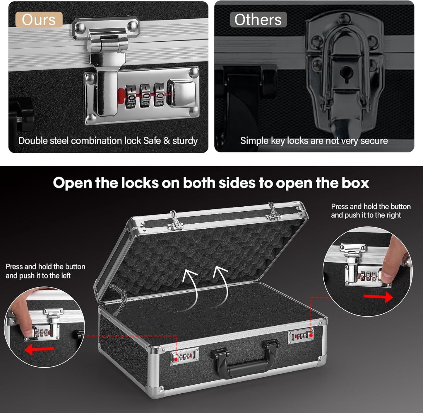 Combination Lock Box - Locking Storage Case with Customizable Foam, 14.2" Portable Lockable Case for Personal Items, Valuables, Documents, Briefcase for Jewelry, Cash, Medications, Black