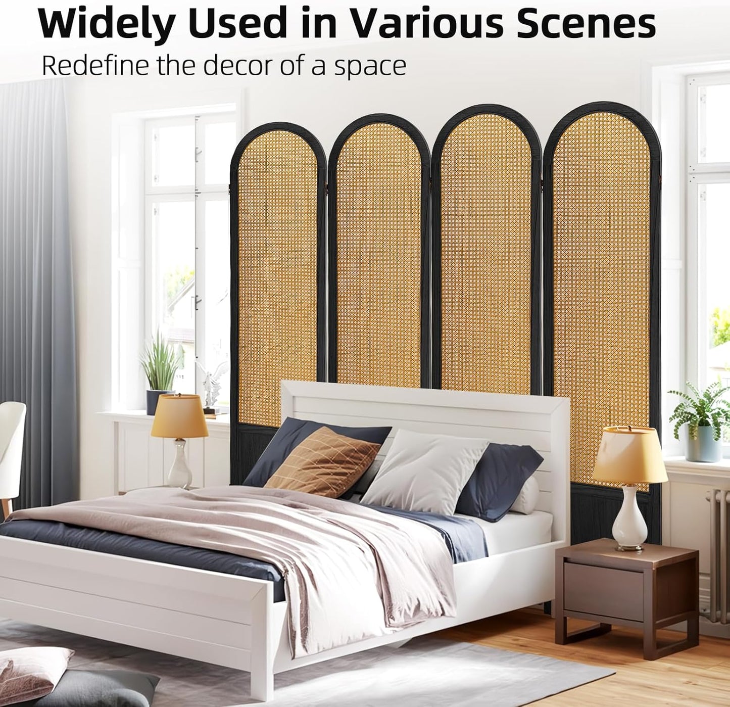 4 Panel Room Divider and Folding Privacy Screen, 5.6 Ft Foldable Double Hinged Rattan Partition, Hand-Woven Rattan Room Divider Portable Wood Freestanding Wall Divider for Room Separation - Black