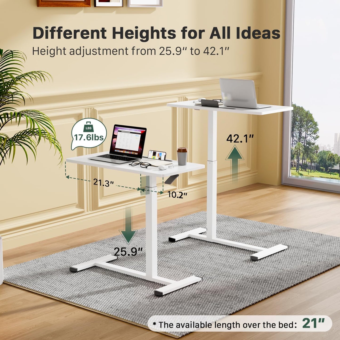 Mobile Standing Desk, Pneumatic Adjustable Rolling Desk(31.5 Inches), Portable Laptop Desk with Wheels, Overbed Bedside Table Laptop Table for Couch, Home, Office, White