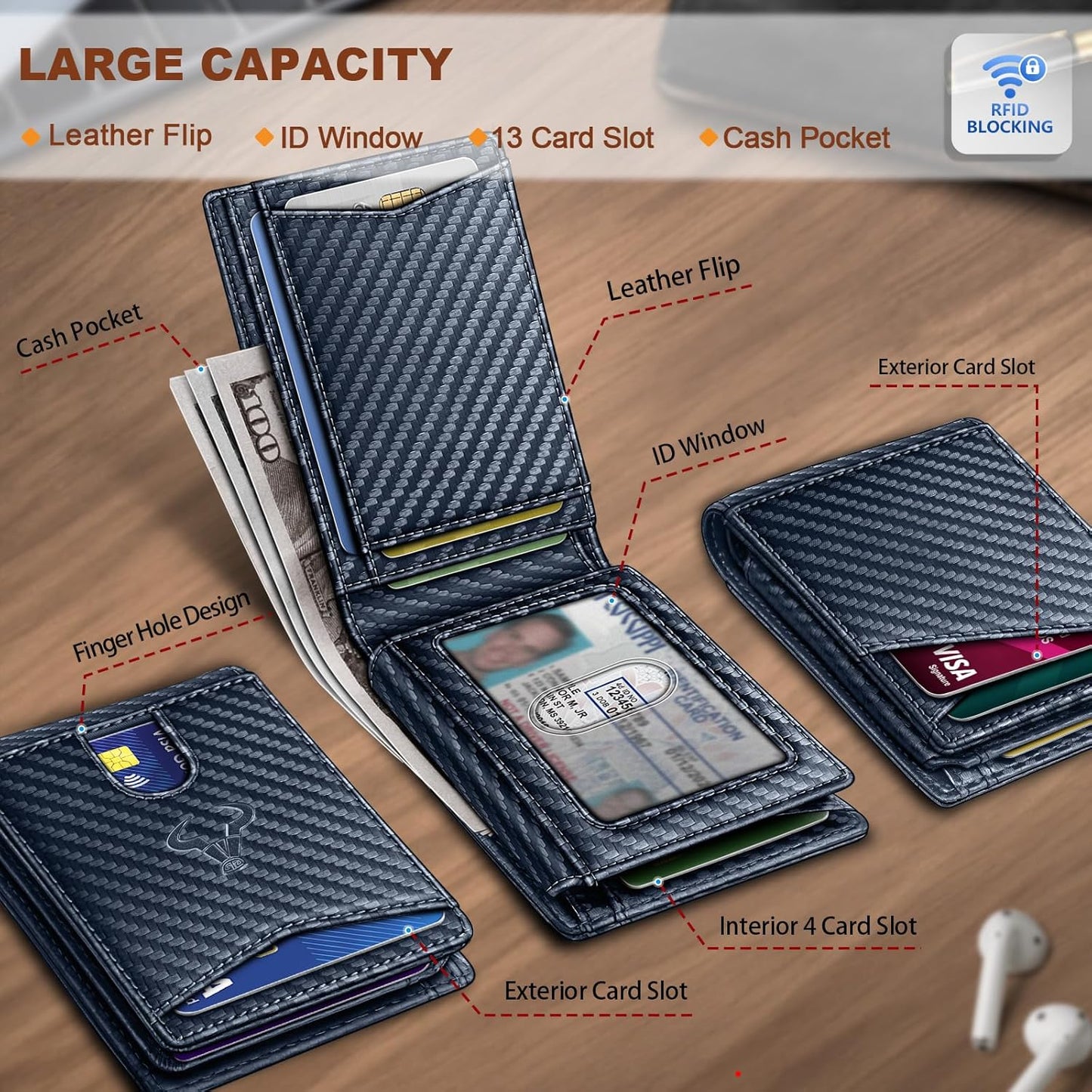 BULLIANT Men Wallet, Slim Leather Wallet Front Pocket Card Holder Gift For Men 11 Slots RFID Blocking