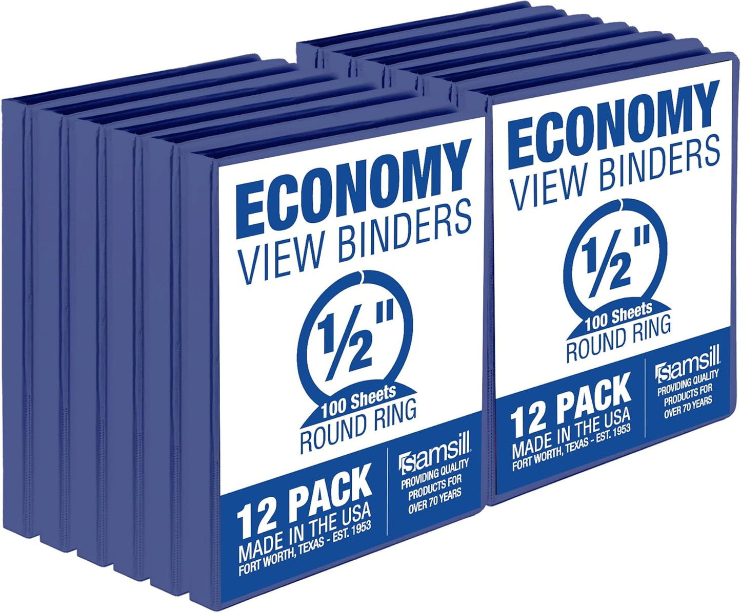 Samsill 0.5 Inch 3 Ring Binders, Made in USA, Economy Round Ring, Clear View Cover, 100 Sheet Capacity - for School, Home, Office - Blue, 12 Pack