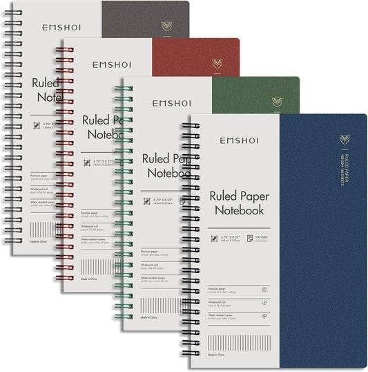 EMSHOI Lined Journal Spiral Notebook 5.7" x 8.22" - 4 Pack 640 Pages 100gsm Thick Paper, A5 Small Notebooks College Ruled, Plastic Hardcover Journals for Writing Women Men Work School Supplies