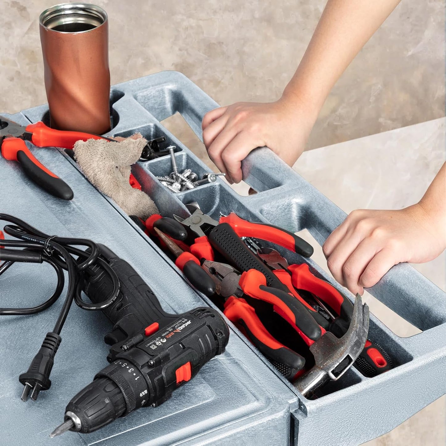 2 Tier Rolling Utility Cart on Wheels, 550 lbs Capacity Flat Top Plastic Service Cart with Lipped Shelves, 46 x 26-Inch Heavy Duty Work Cart for Warehouse, Garage, Cleaning, Gray